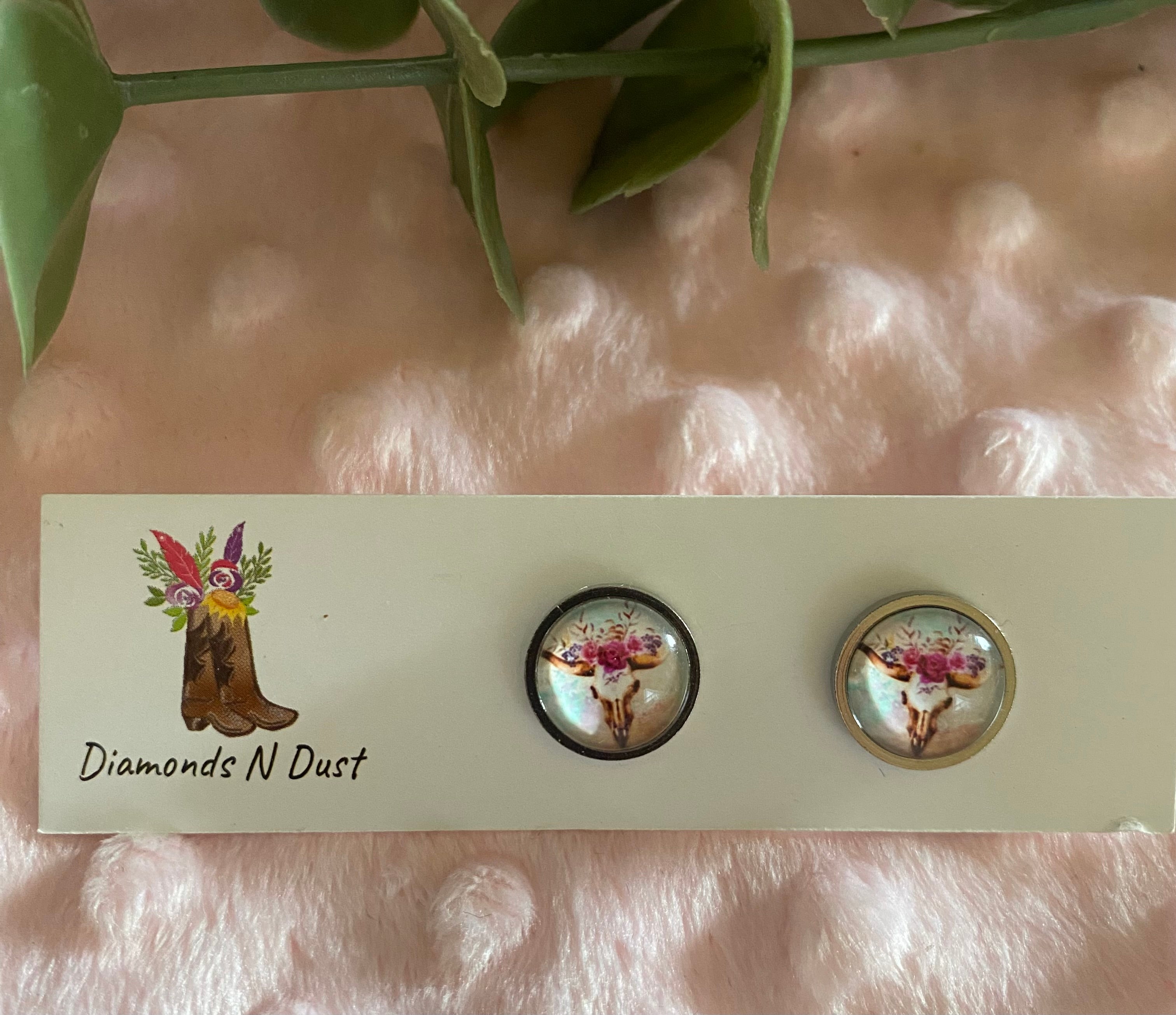 Stud Earrings - Cow and Deer Glass Cabochon set in silver bezel - 5 designs to choose from