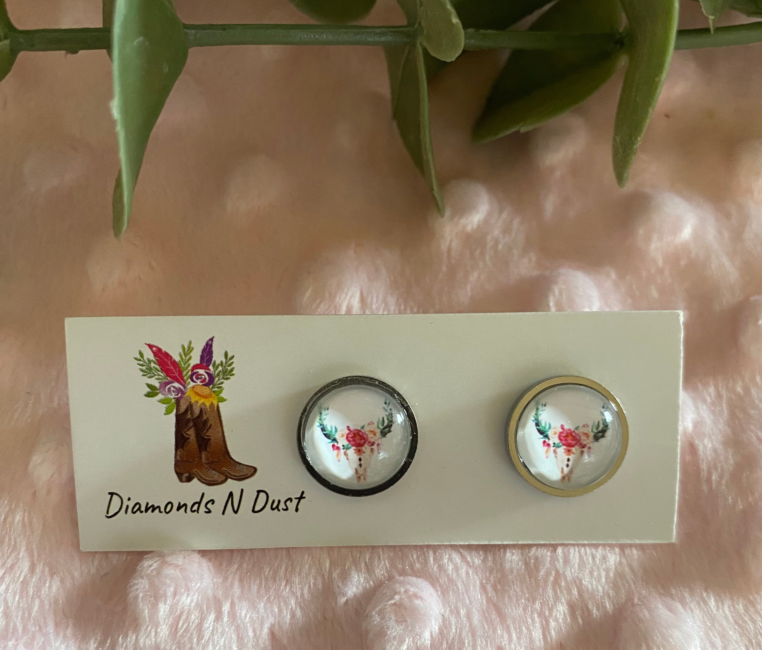 Stud Earrings - Cow and Deer Glass Cabochon set in silver bezel - 5 designs to choose from