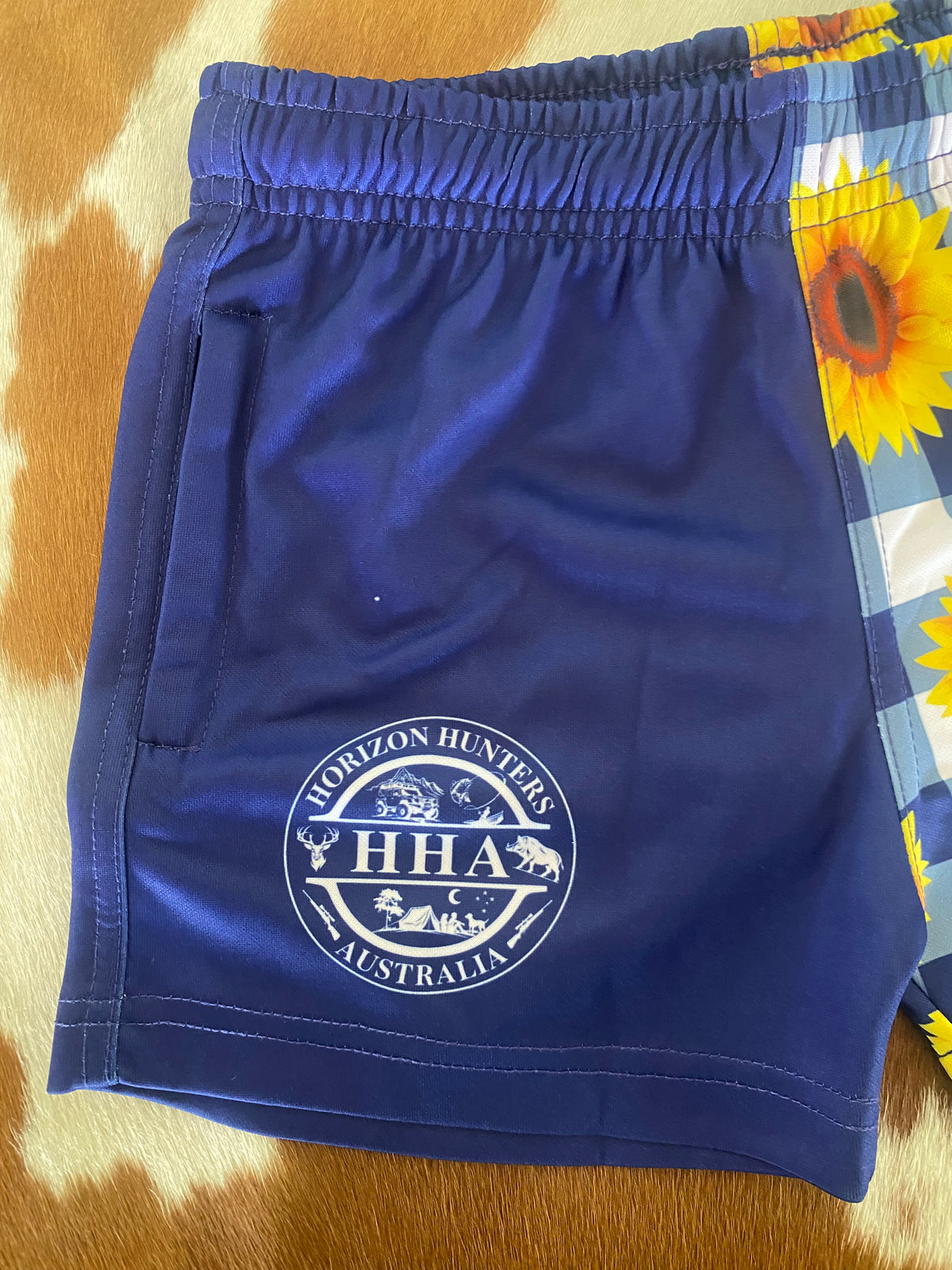 Kids - Footy Shorts - Navy Gingham & Sunflowers - Pockets / size 4-12