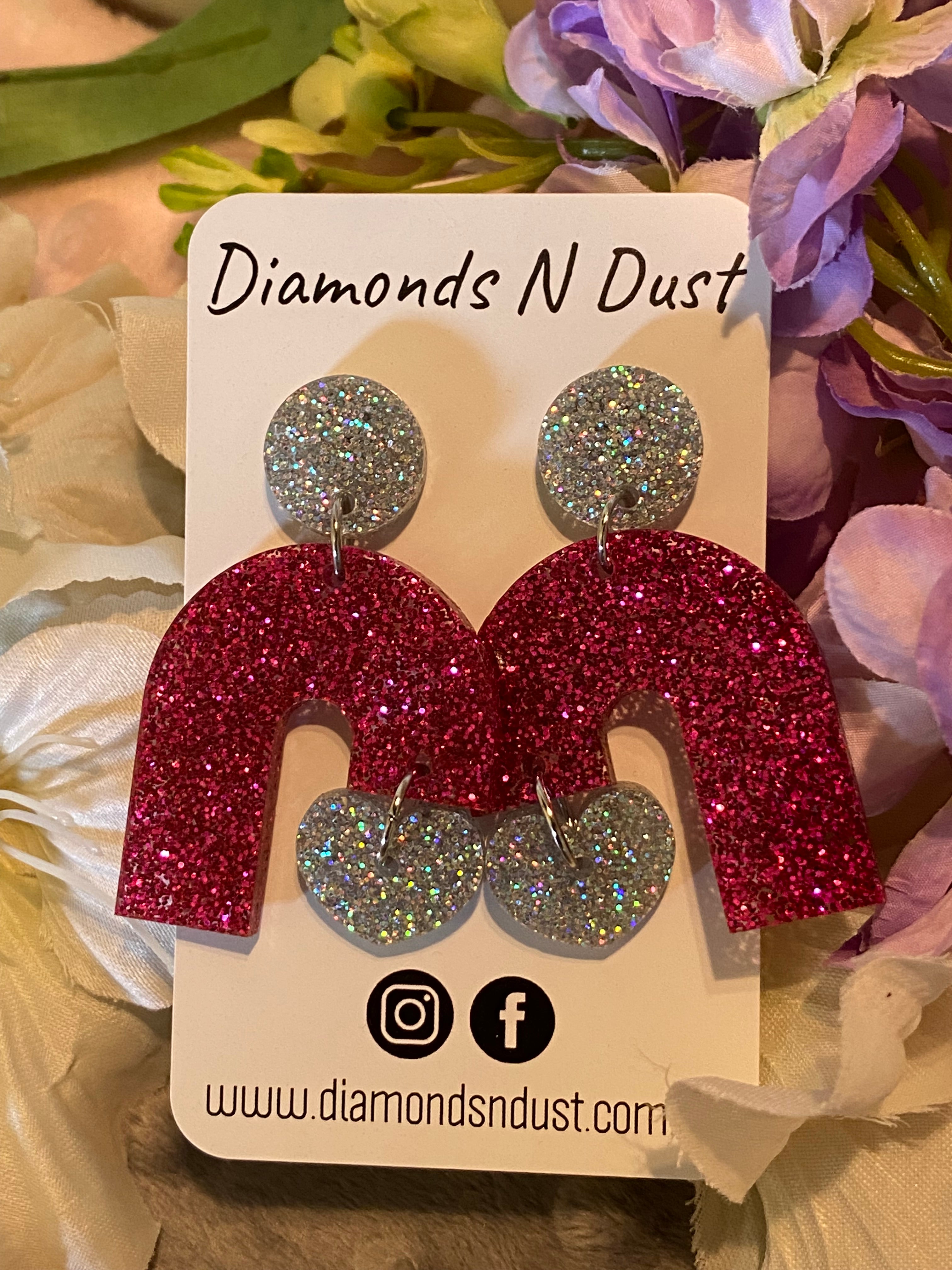 Heart Dangle Earrings - Pink & silver glitter