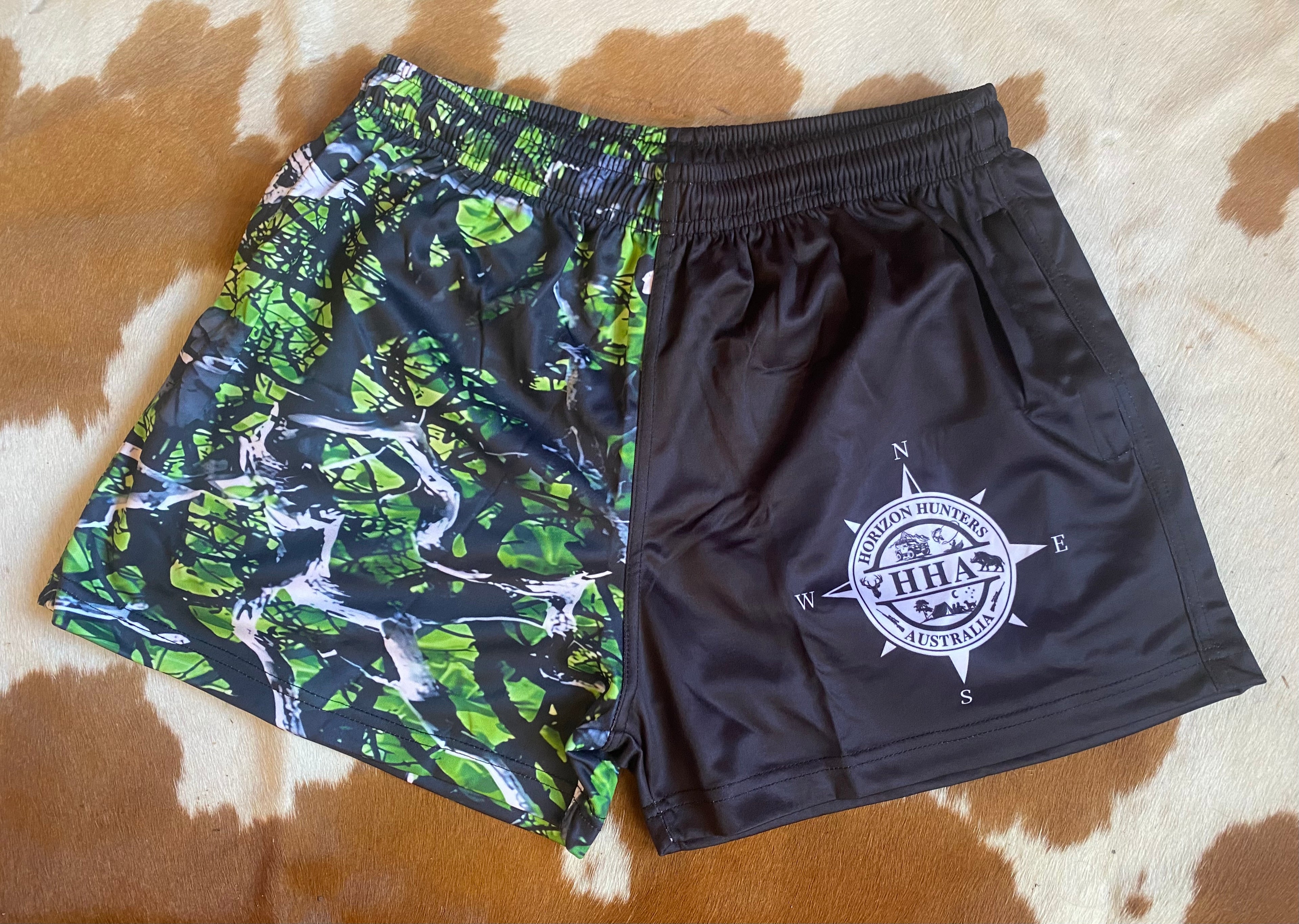 Footy Shorts - Green camo with Compass logo - Zip pockets