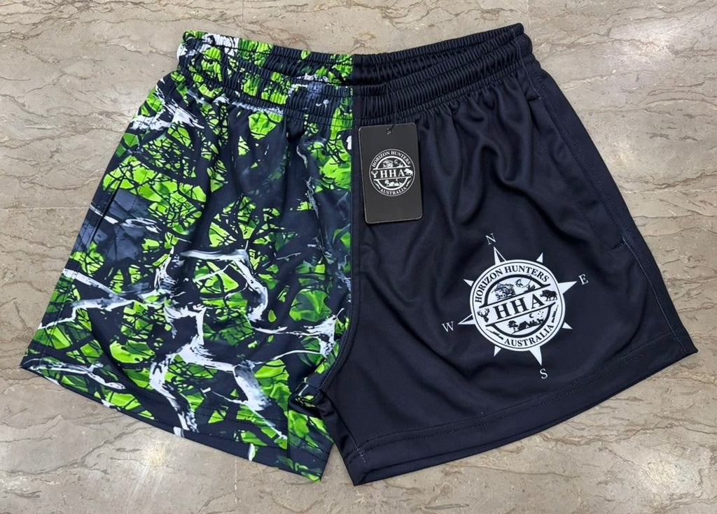 Footy Shorts - Green camo with Compass logo - Zip pockets
