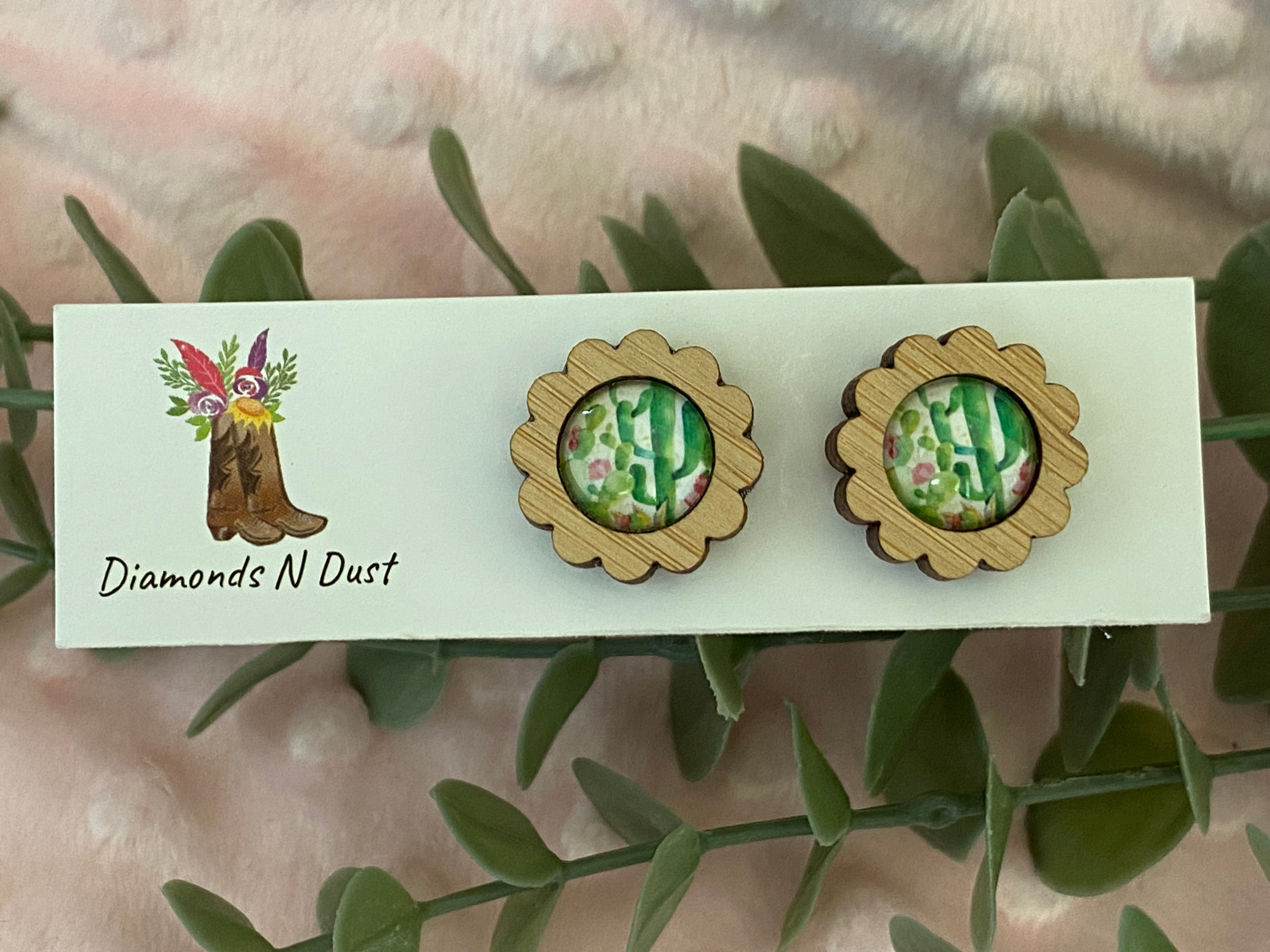 Stud Earrings - Glass Cabochon set in wood Bezel