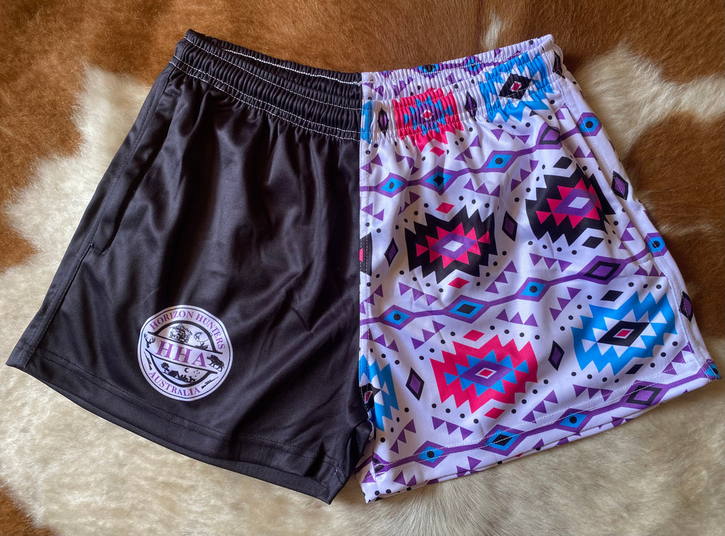 Footy Shorts - Black and Aztec - Zip pockets