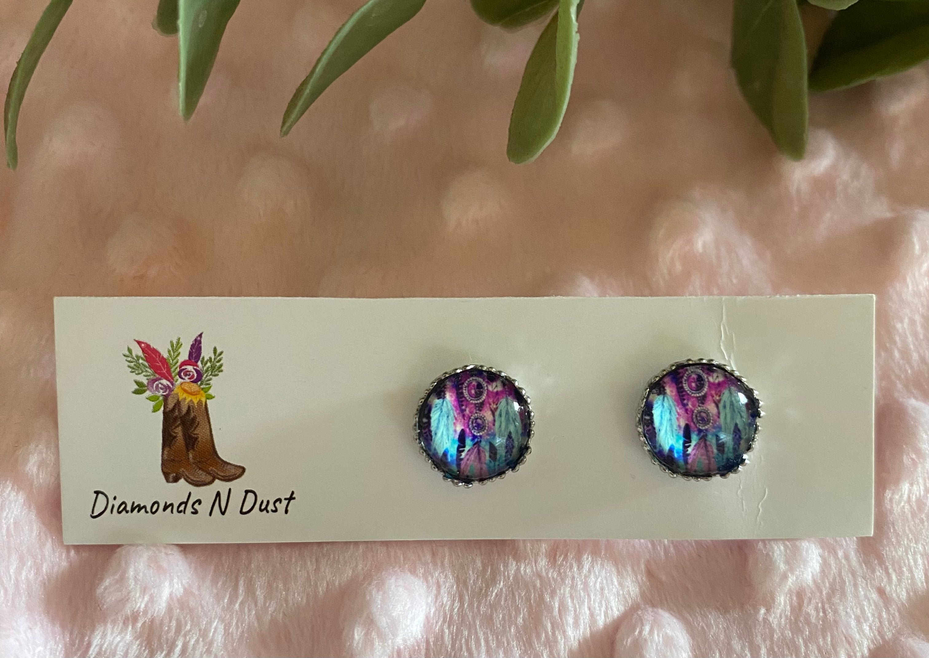 Stud Earrings - Dream Catcher Glass Cabochon set in silver bezel - 5 designs to choose from