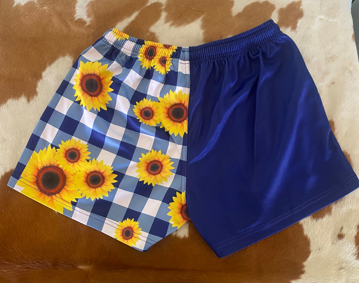 Footy Shorts - Navy & white gingham with sunflowers - Zip pockets
