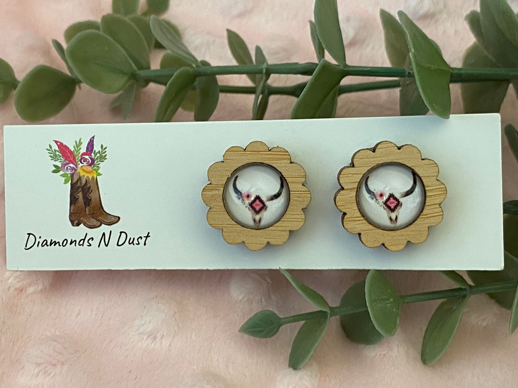 Stud Earrings - Glass Cabochon set in wood Bezel