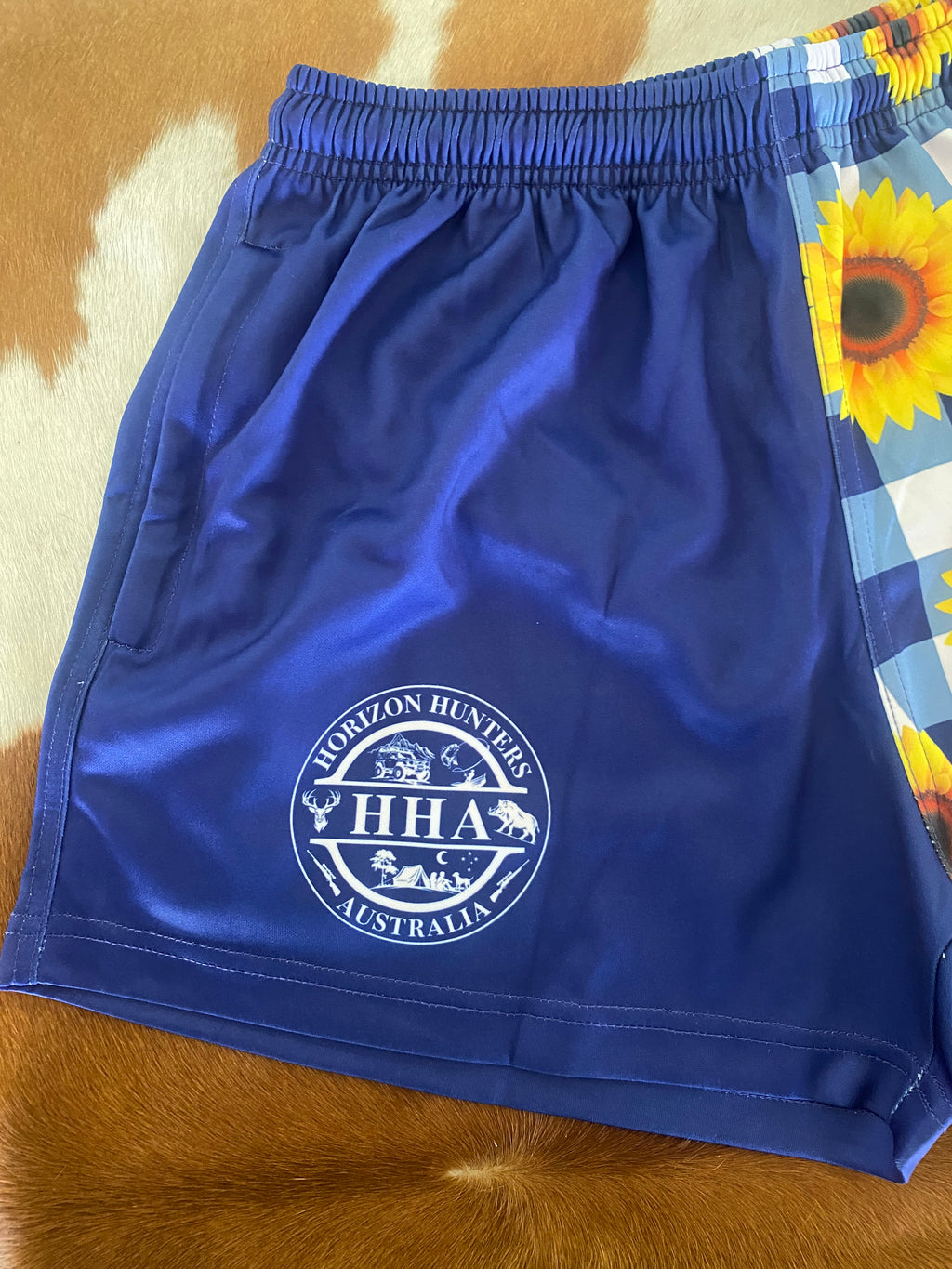 Footy Shorts - Navy & white gingham with sunflowers - Zip pockets