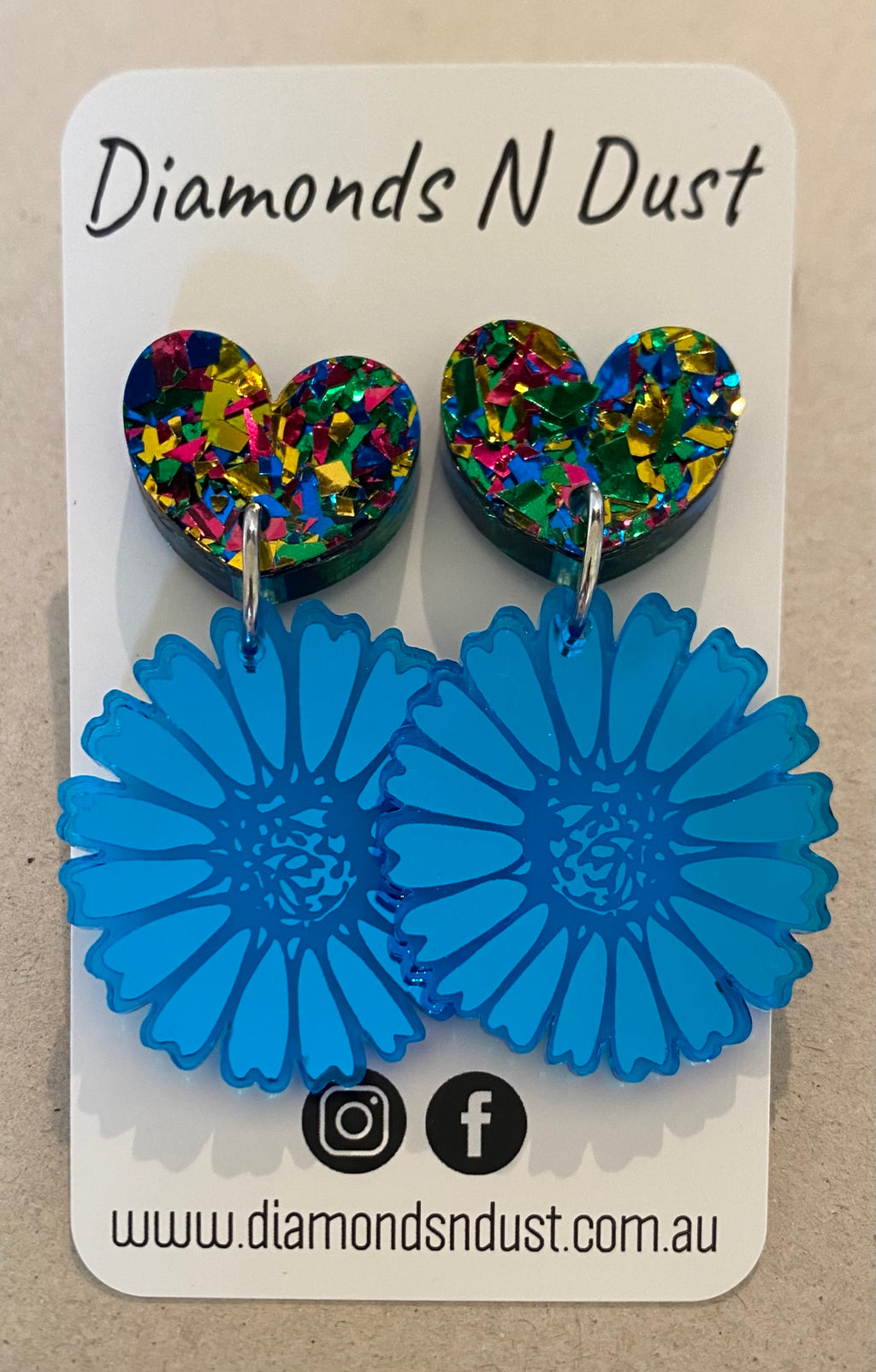 Daisy Dangle Earrings - Rainbow shatter glitter and blue Mirror