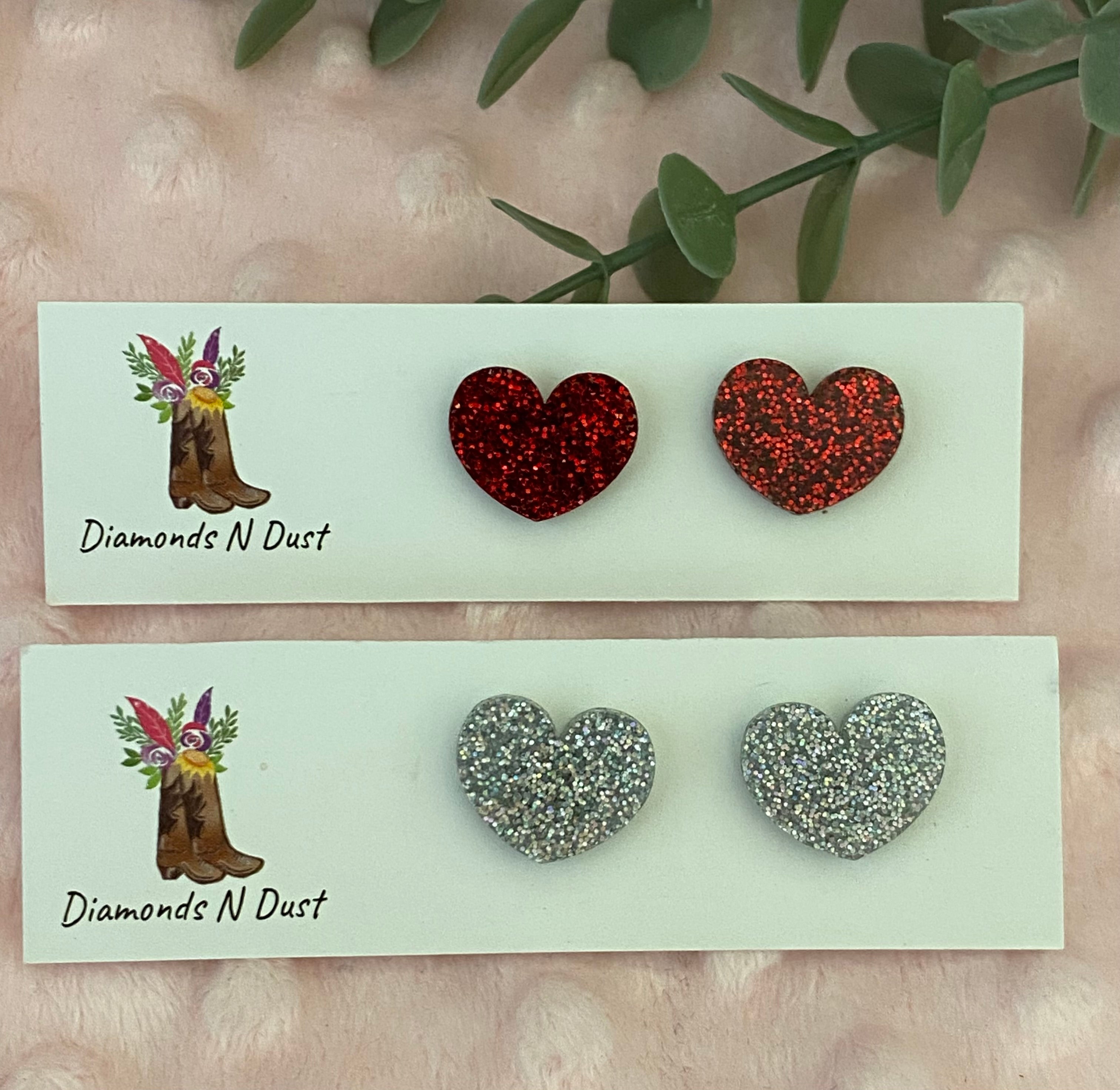 Stud Earrings - hearts - Glitter - 2 colours to choose from
