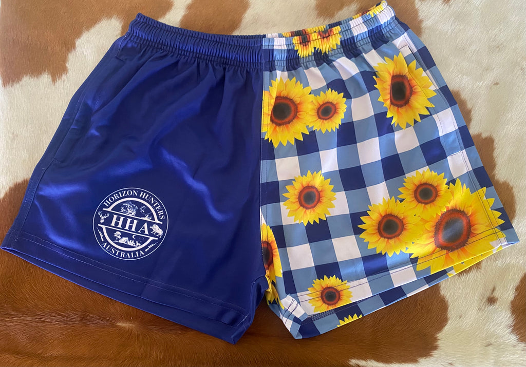Footy Shorts - Navy & white gingham with sunflowers - Zip pockets