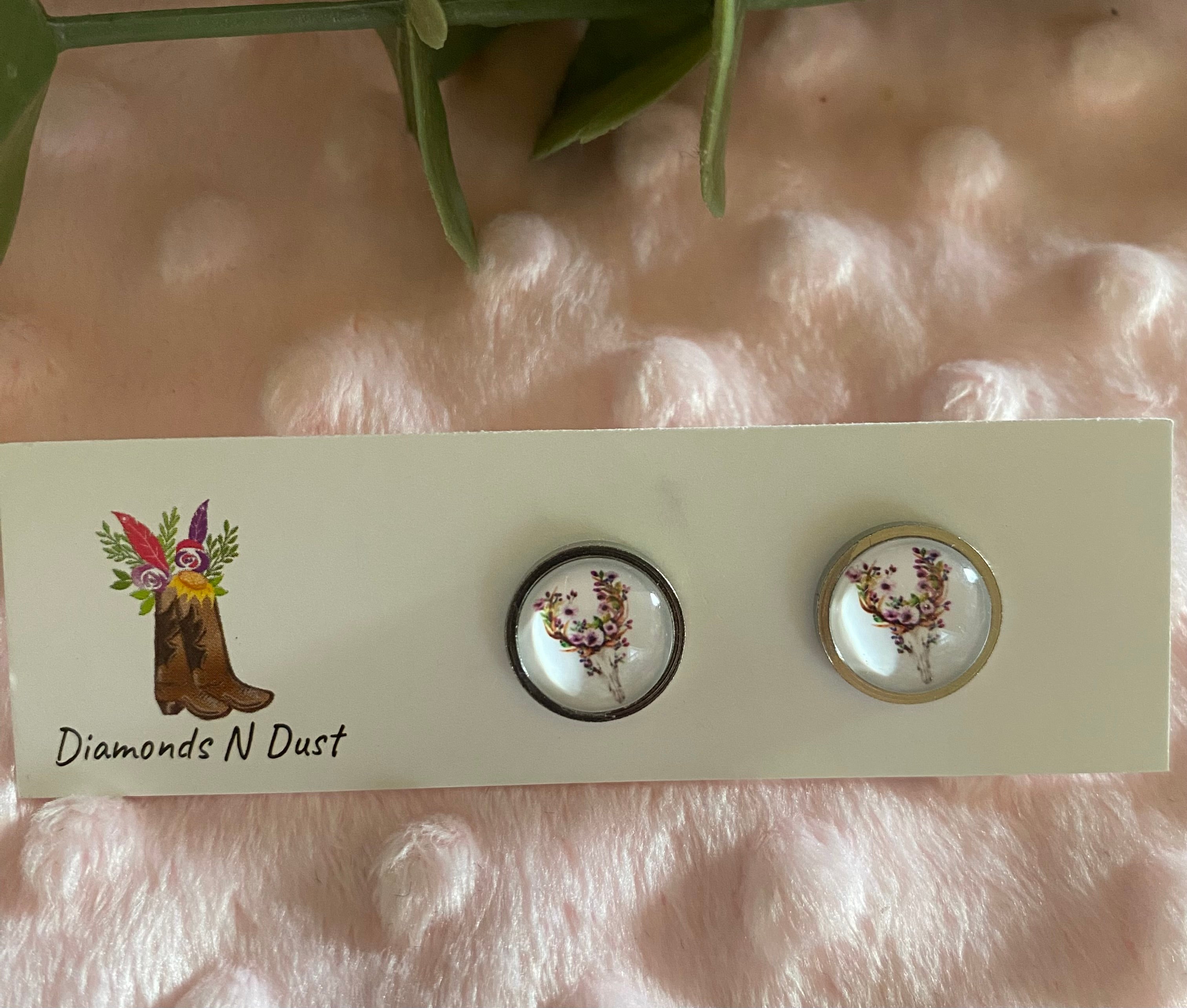 Stud Earrings - Cow and Deer Glass Cabochon set in silver bezel - 5 designs to choose from
