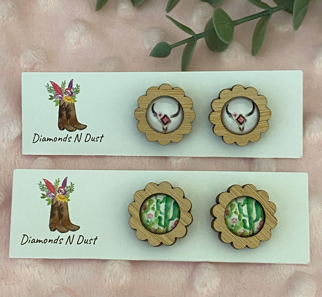 Stud Earrings - Glass Cabochon set in wood Bezel