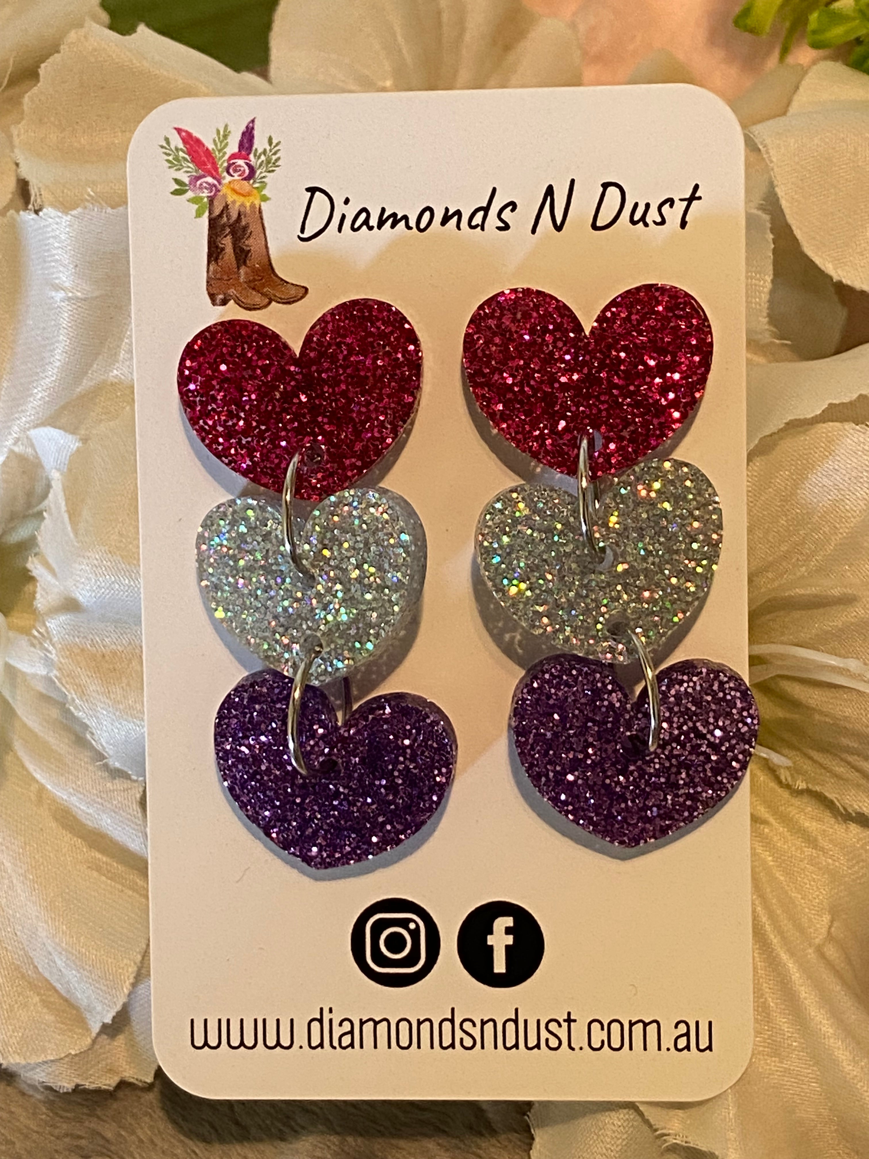 Dangle Earrings - trio hearts - pink, silver & purple glitter