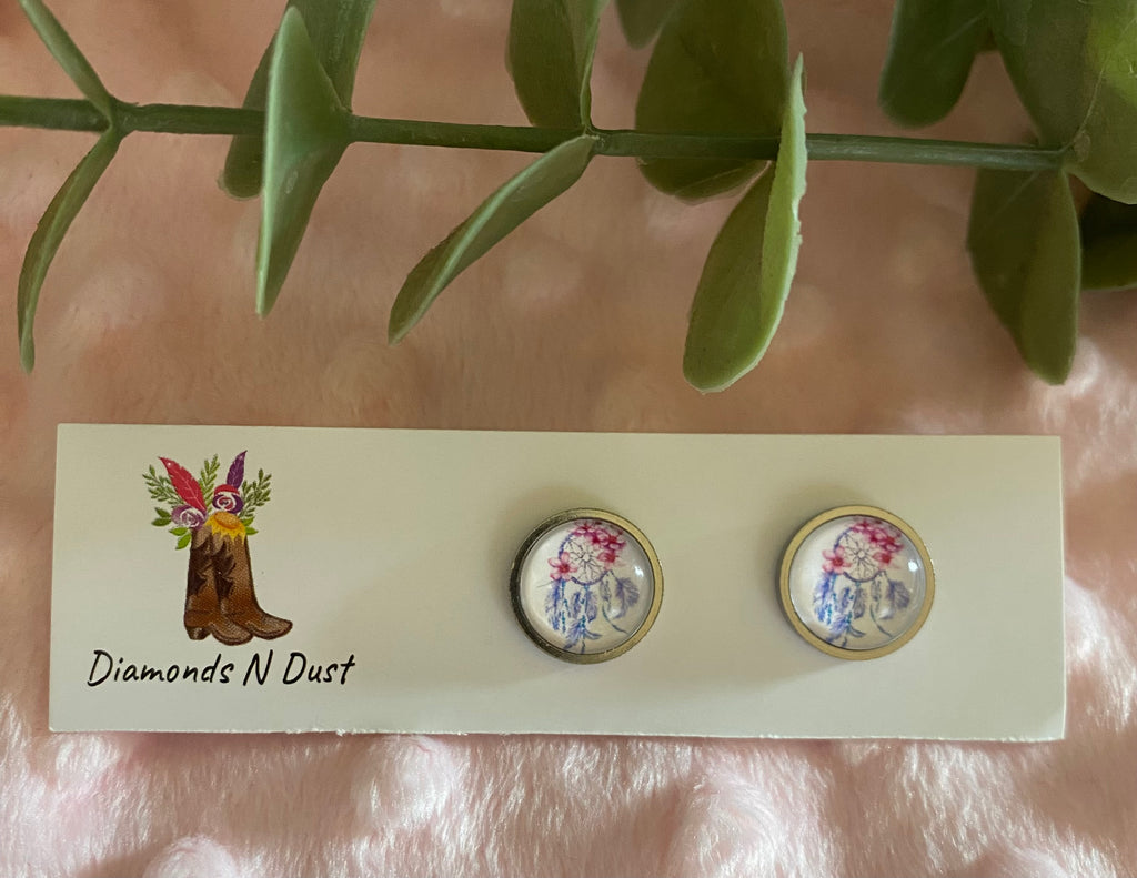Stud Earrings - Dream Catcher Glass Cabochon set in silver bezel - 5 designs to choose from
