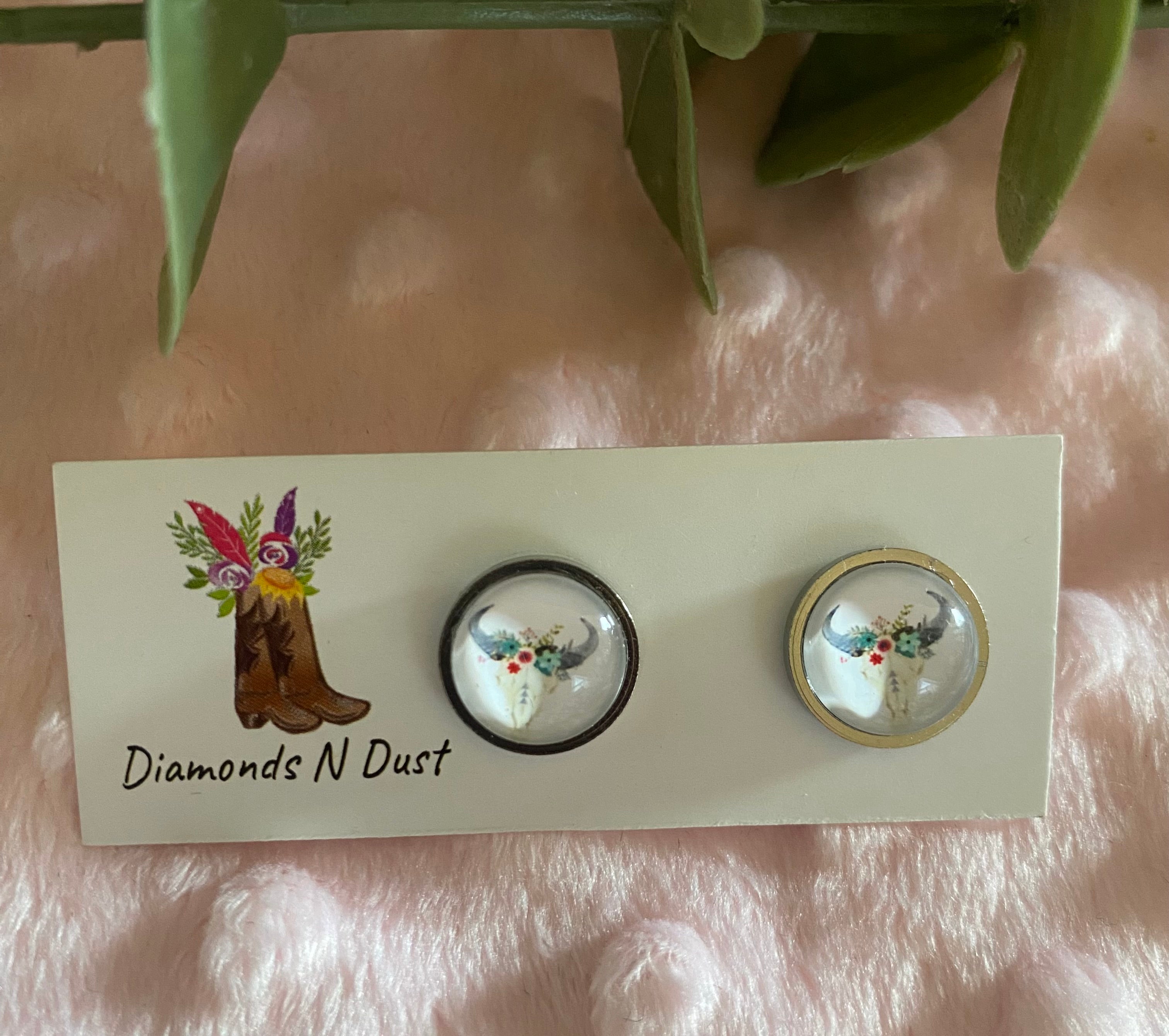 Stud Earrings - Cow and Deer Glass Cabochon set in silver bezel - 5 designs to choose from