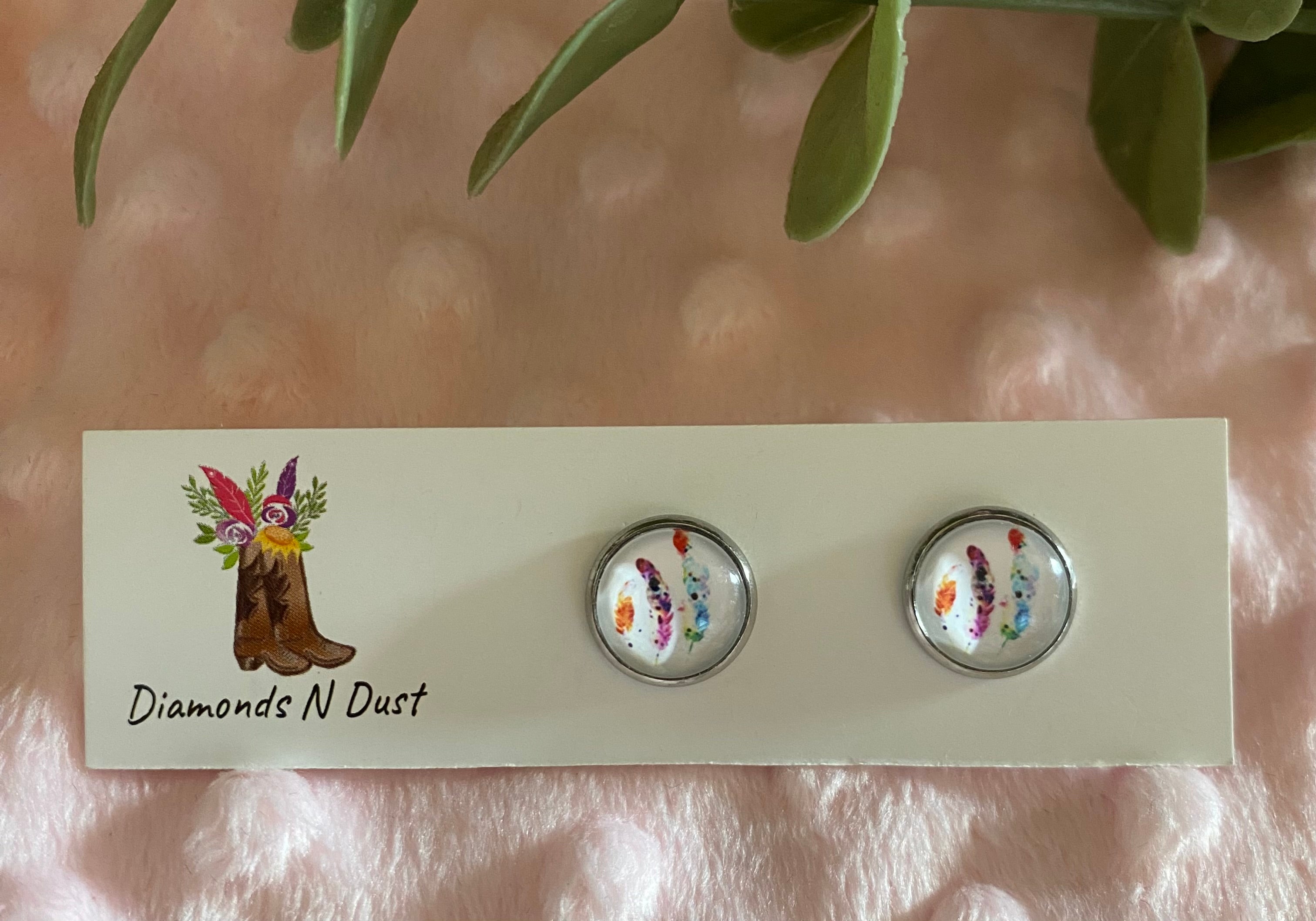 Stud Earrings - Dream Catcher Glass Cabochon set in silver bezel - 5 designs to choose from