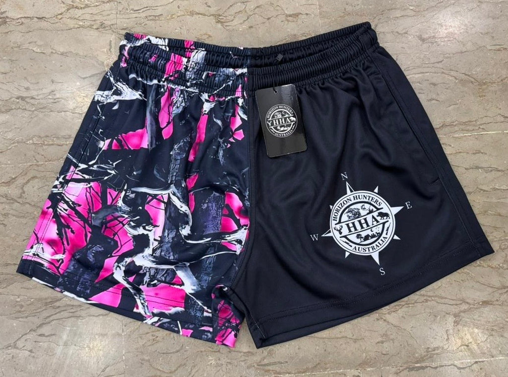 Footy Shorts - Pink camo with Compass logo - Zip pockets