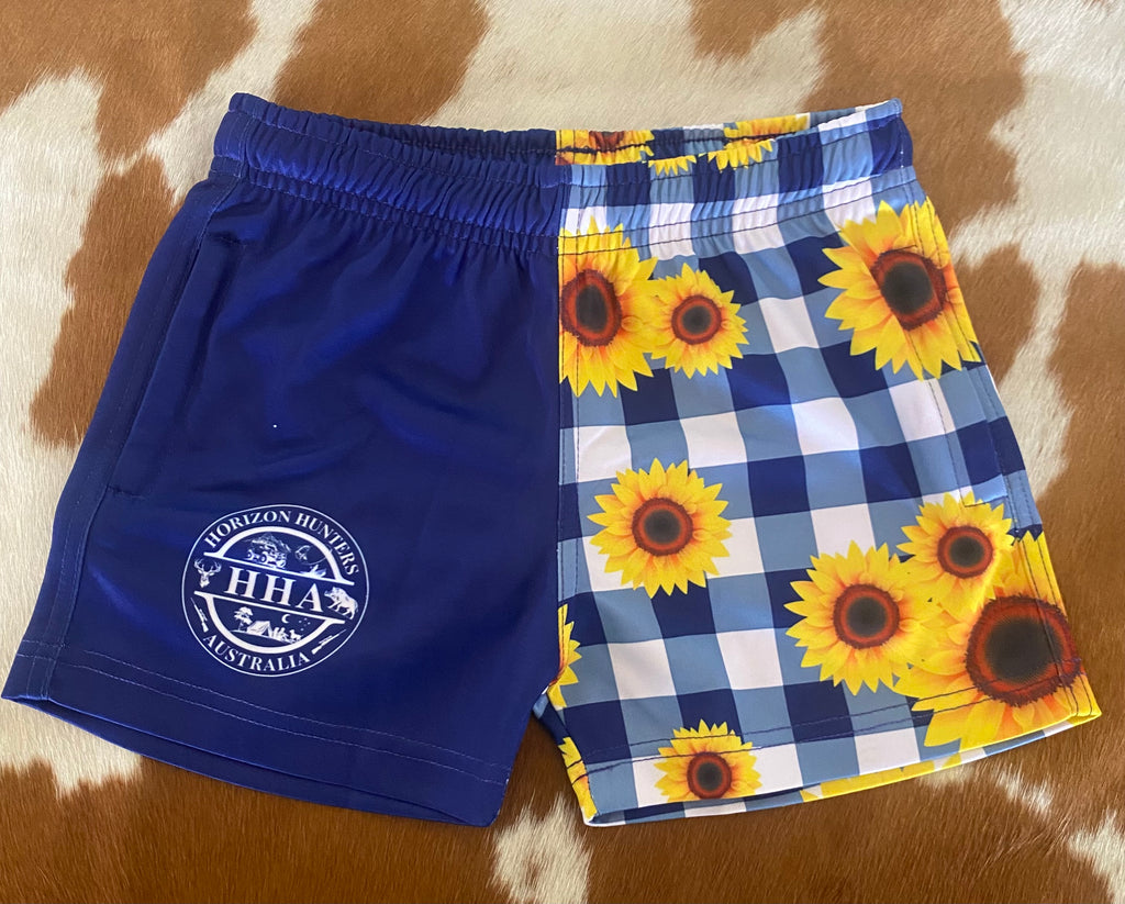 Kids - Footy Shorts - Navy Gingham & Sunflowers - Pockets / size 4-12