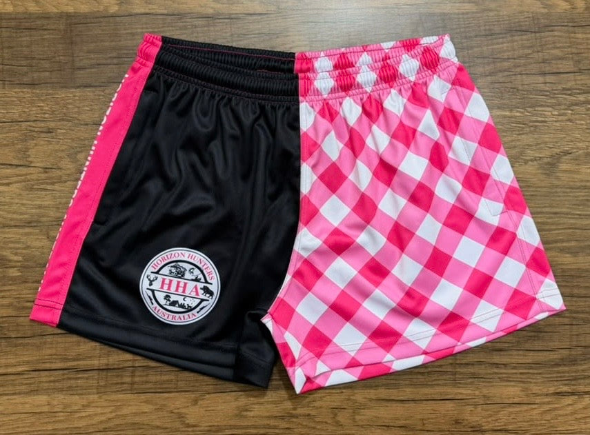 KIDS Footy Shorts - Black and Pink Gingham - Zip pockets (Size 4-12)