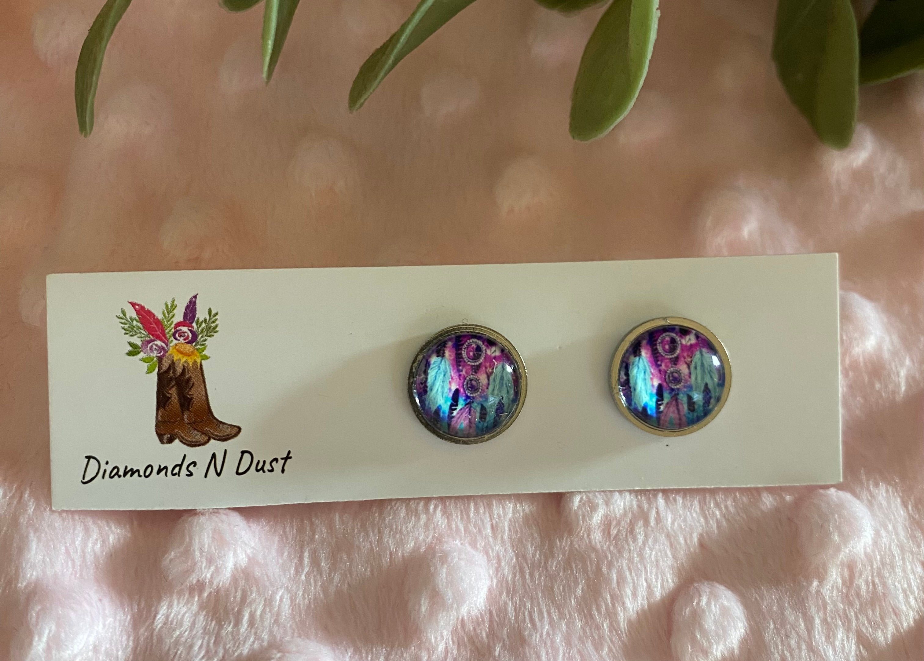 Stud Earrings - Dream Catcher Glass Cabochon set in silver bezel - 5 designs to choose from