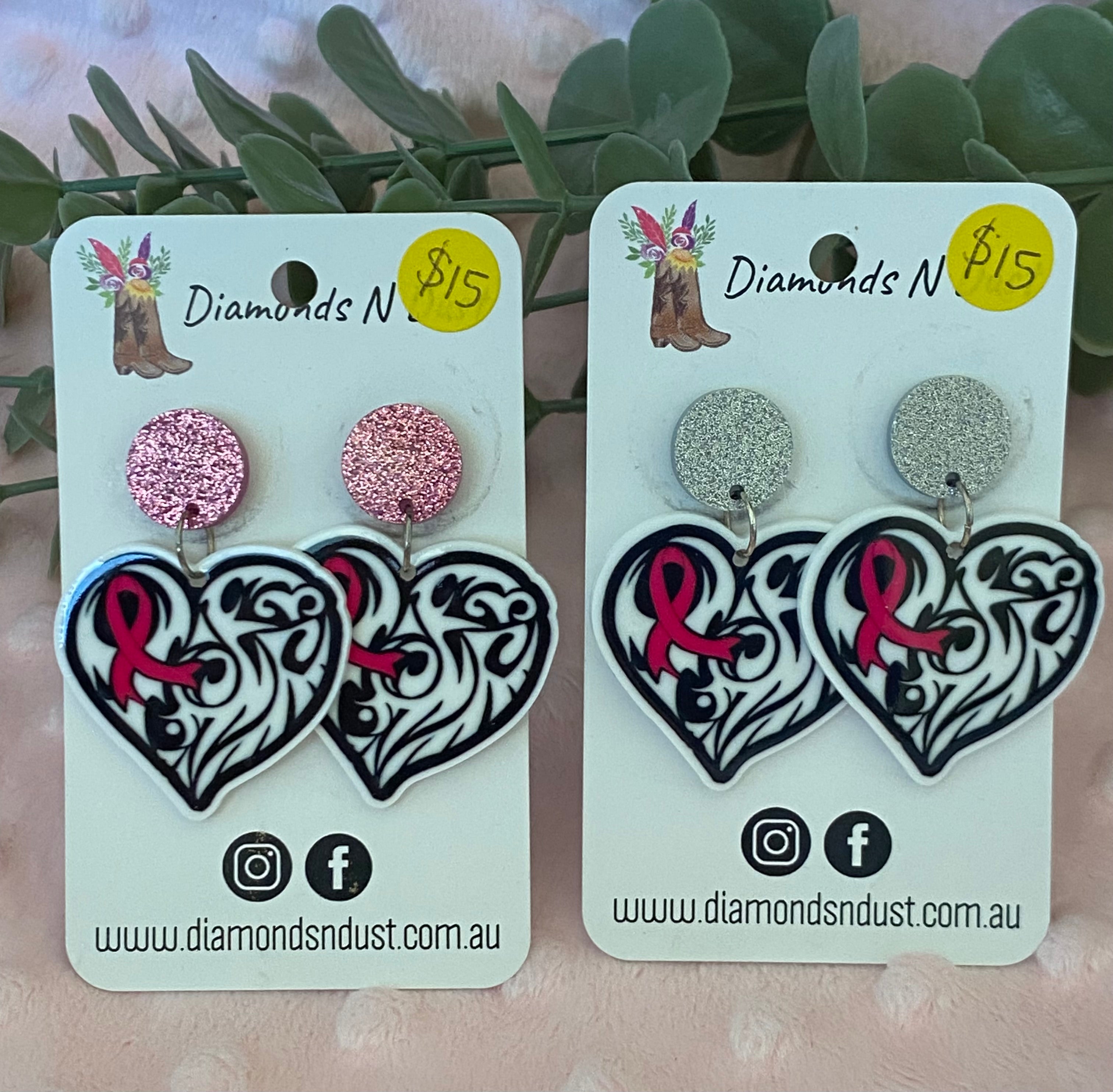 Dangle earrings - Pink Ribbon Hearts (2 colour options)