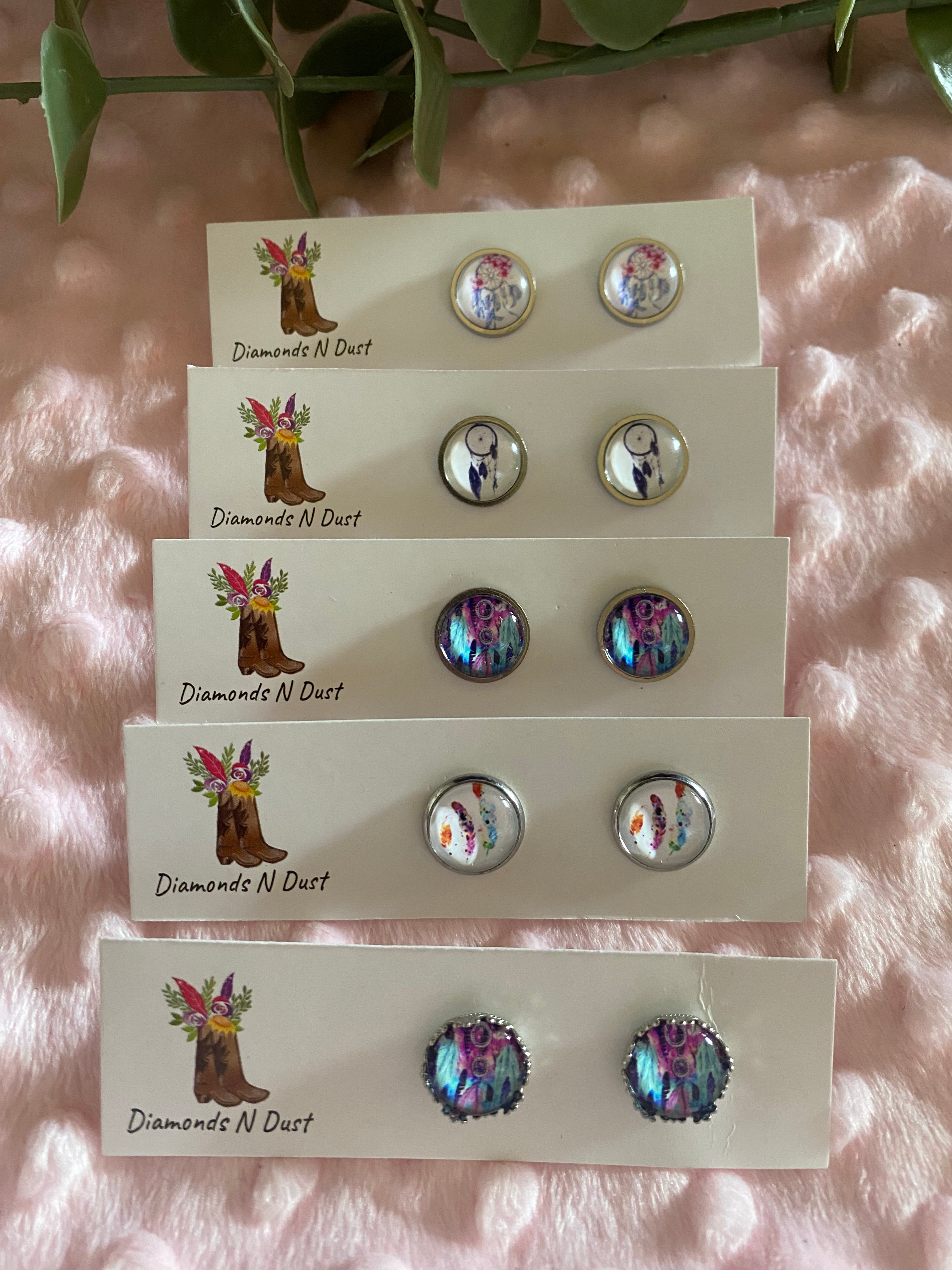Stud Earrings - Dream Catcher Glass Cabochon set in silver bezel - 5 designs to choose from