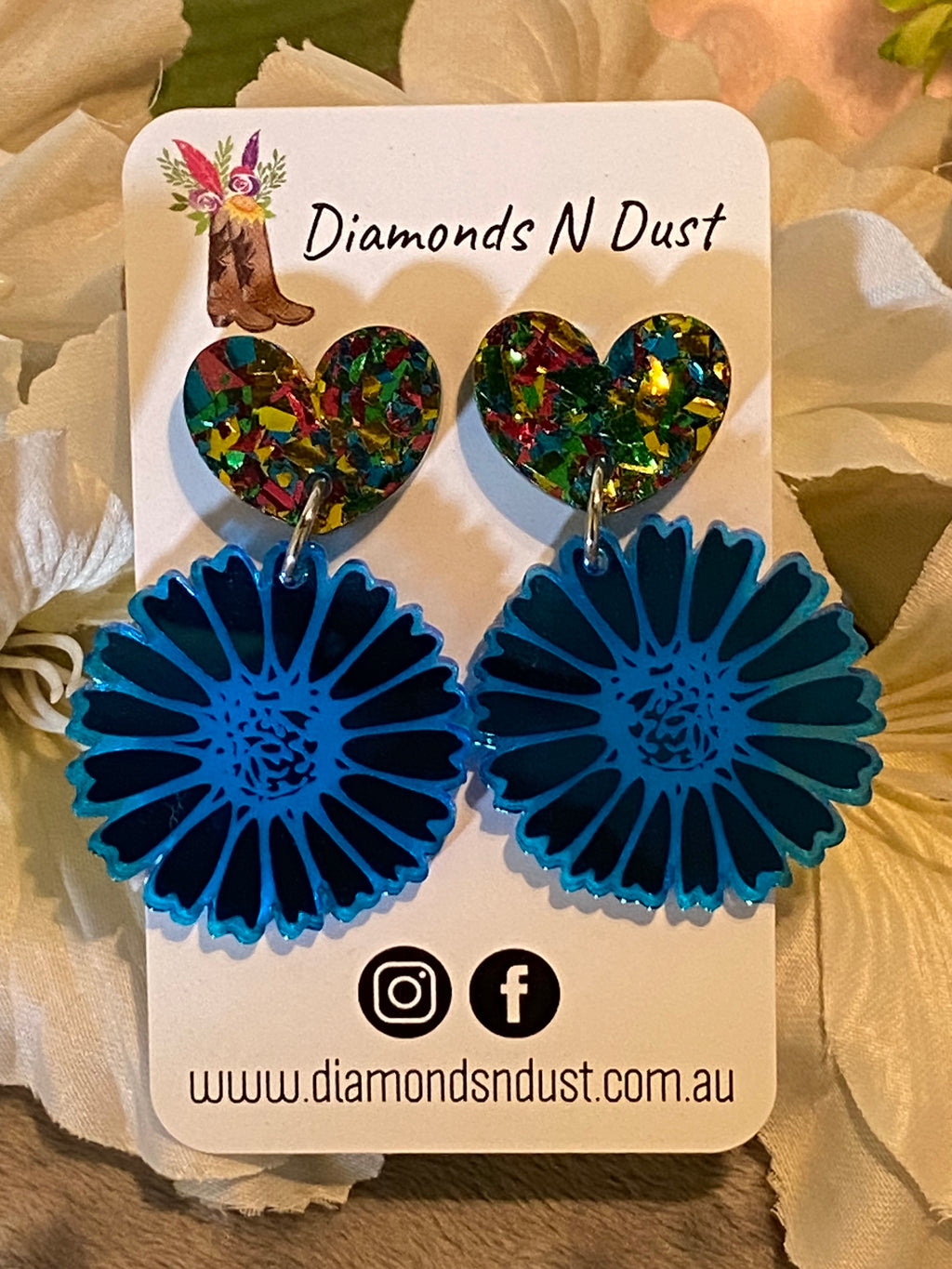 Daisy Dangle Earrings - Rainbow shatter glitter and blue Mirror