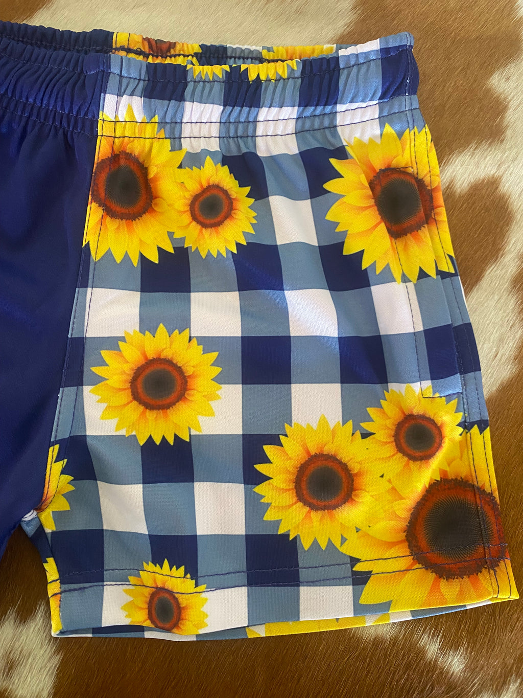 Kids - Footy Shorts - Navy Gingham & Sunflowers - Pockets / size 4-12