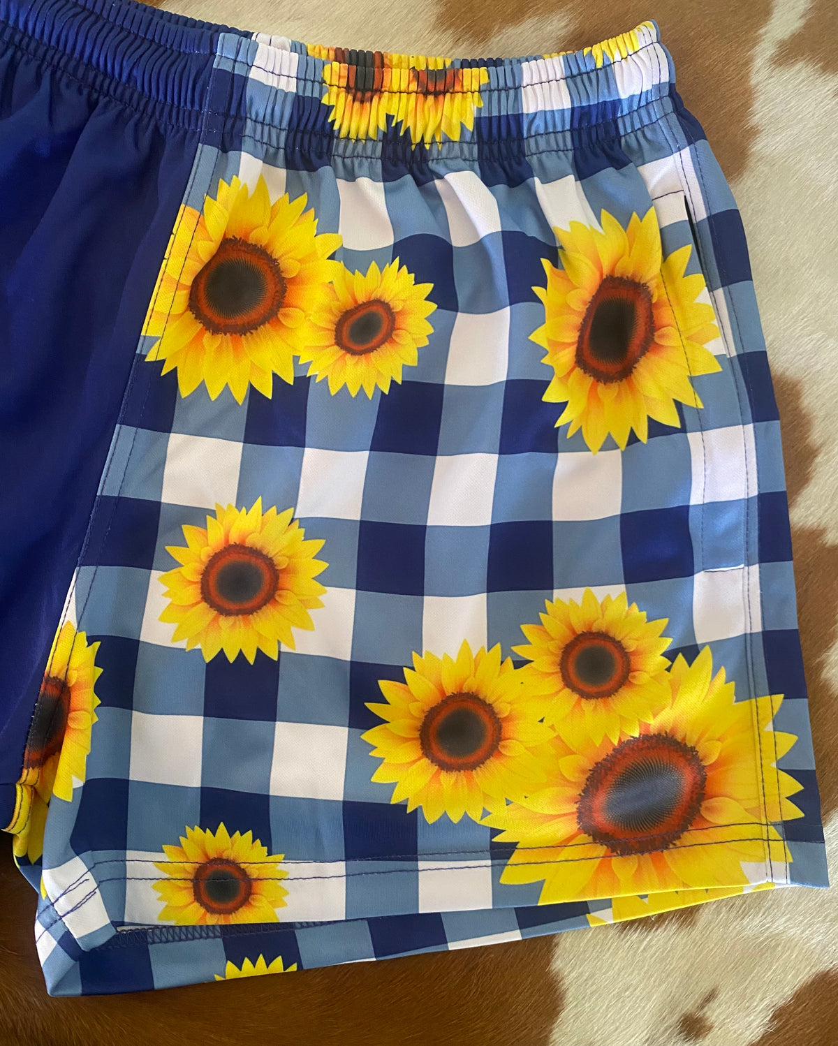 Footy Shorts - Navy & white gingham with sunflowers - Zip pockets