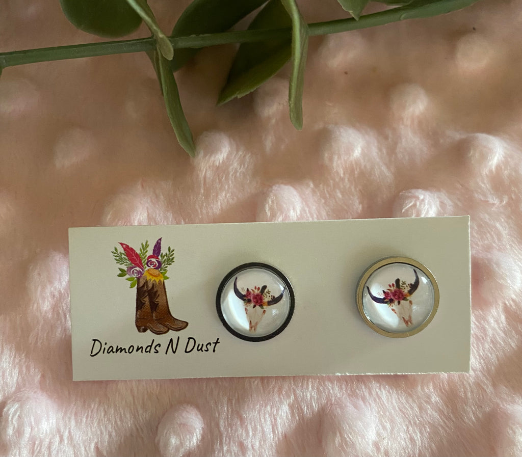 Stud Earrings - Cow and Deer Glass Cabochon set in silver bezel - 5 designs to choose from