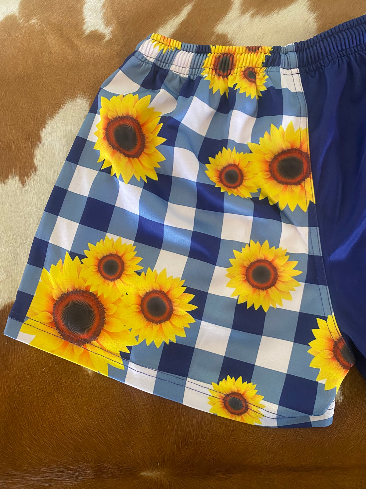 Footy Shorts - Navy & white gingham with sunflowers - Zip pockets