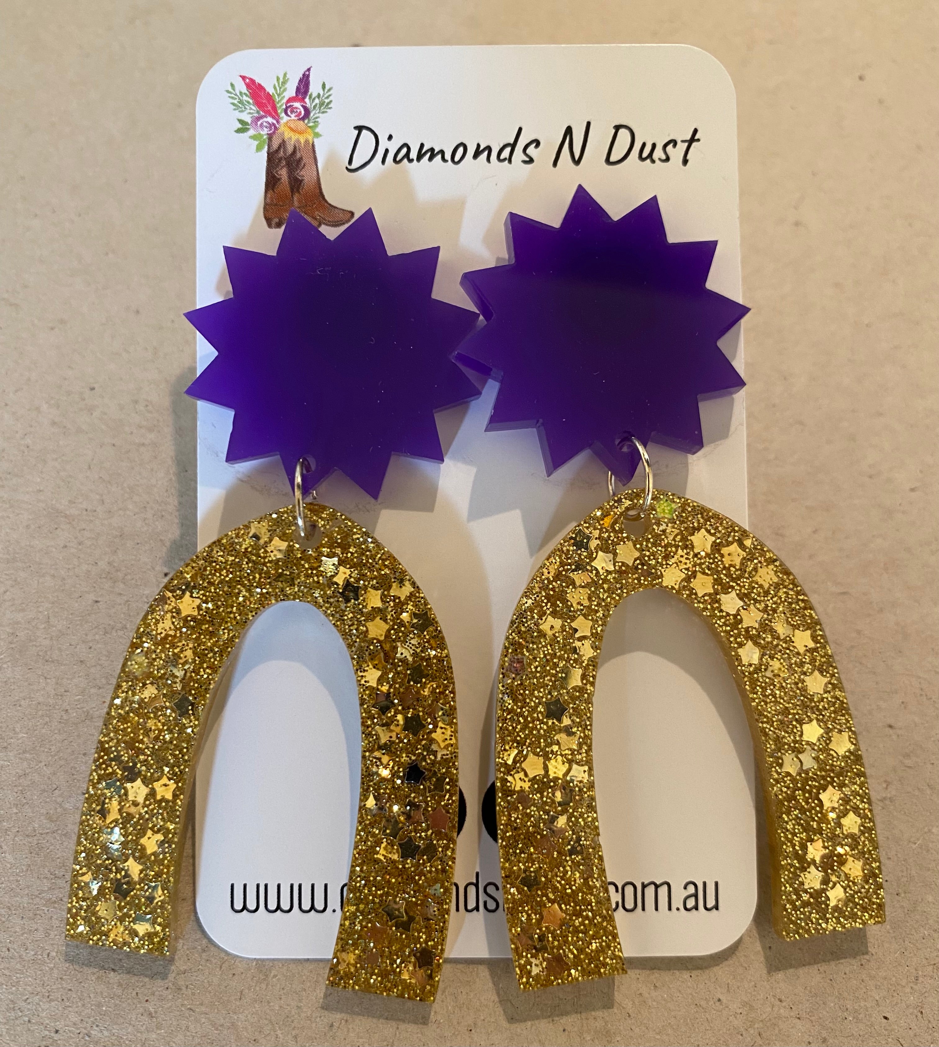 Dangle Earrings - purple and gold glitter