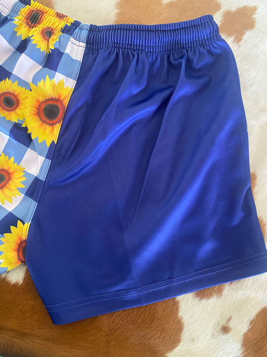 Footy Shorts - Navy & white gingham with sunflowers - Zip pockets