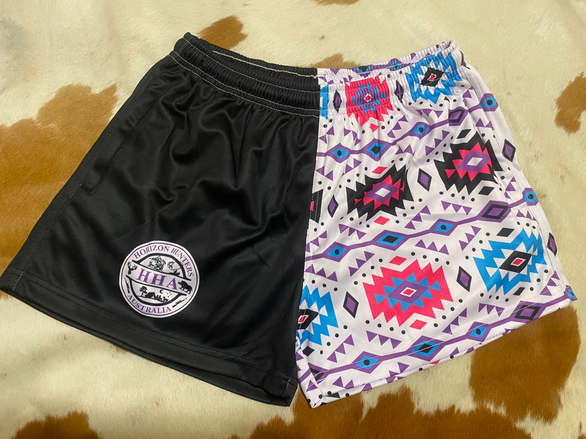 Kids - Footy Shorts - Black & Aztec - Pockets / size 4-12