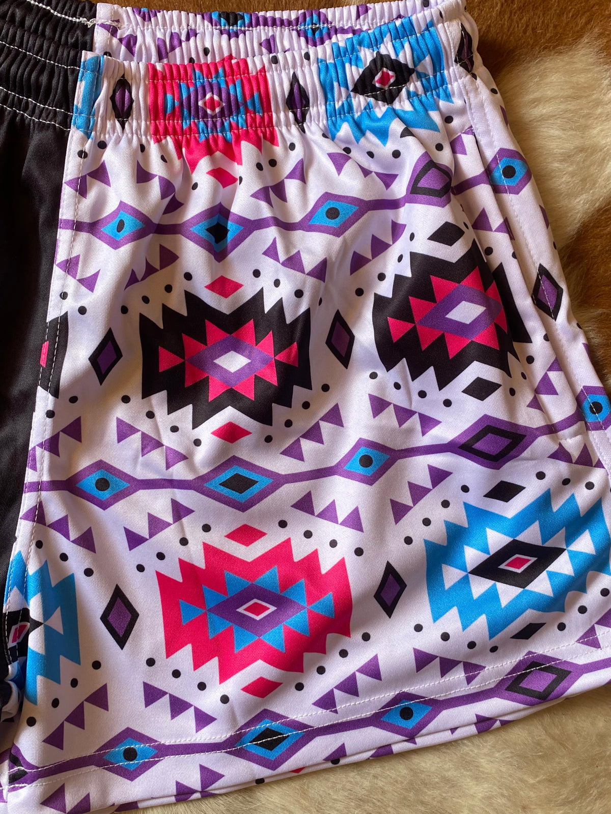 Kids - Footy Shorts - Black & Aztec - Pockets / size 4-12