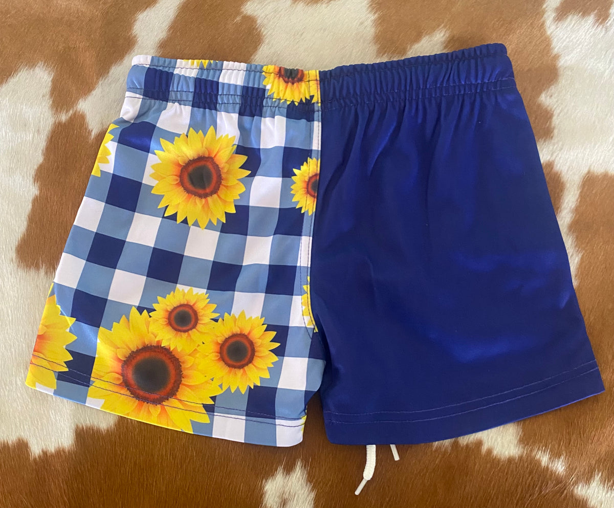 Kids - Footy Shorts - Navy Gingham & Sunflowers - Pockets / size 4-12