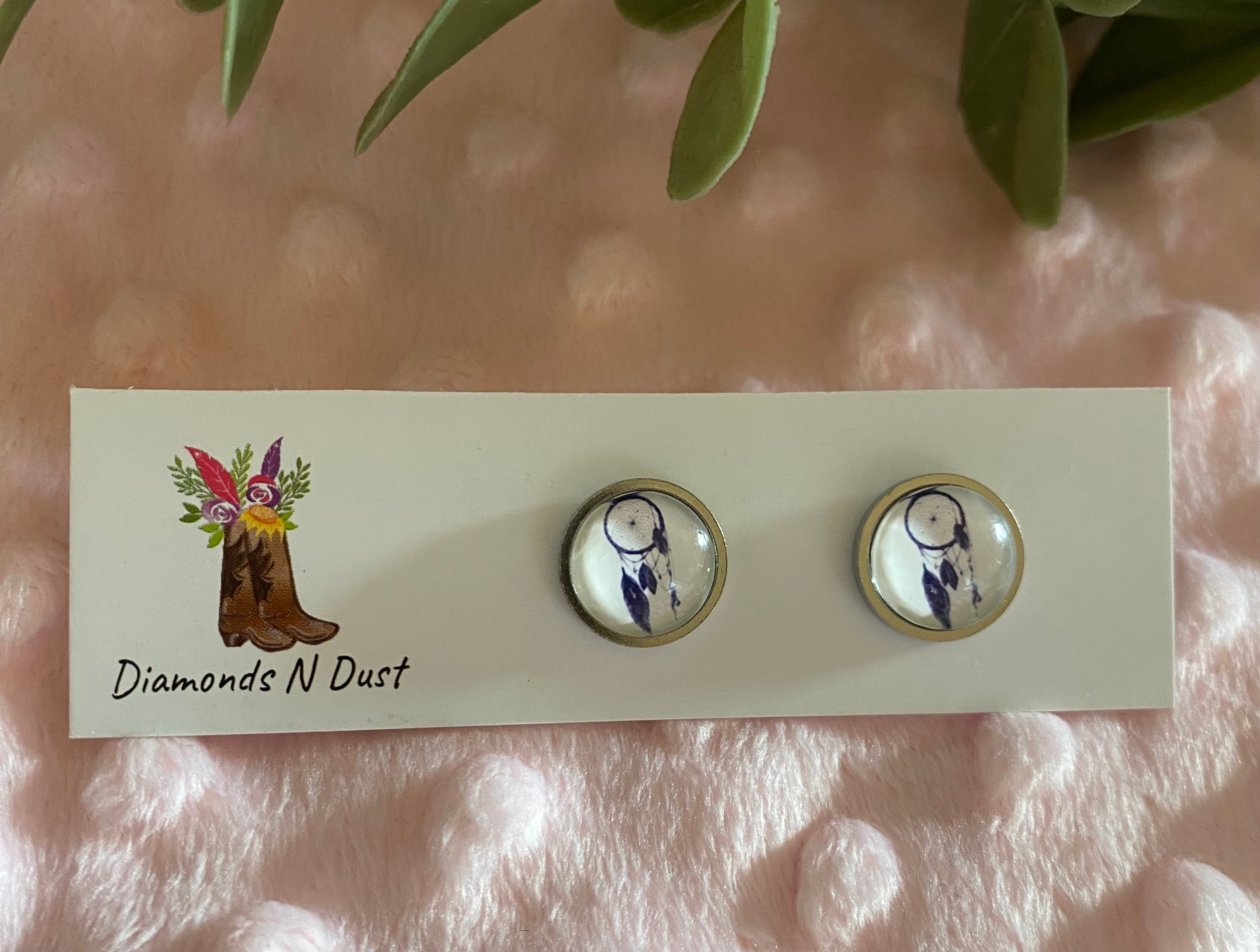 Stud Earrings - Dream Catcher Glass Cabochon set in silver bezel - 5 designs to choose from