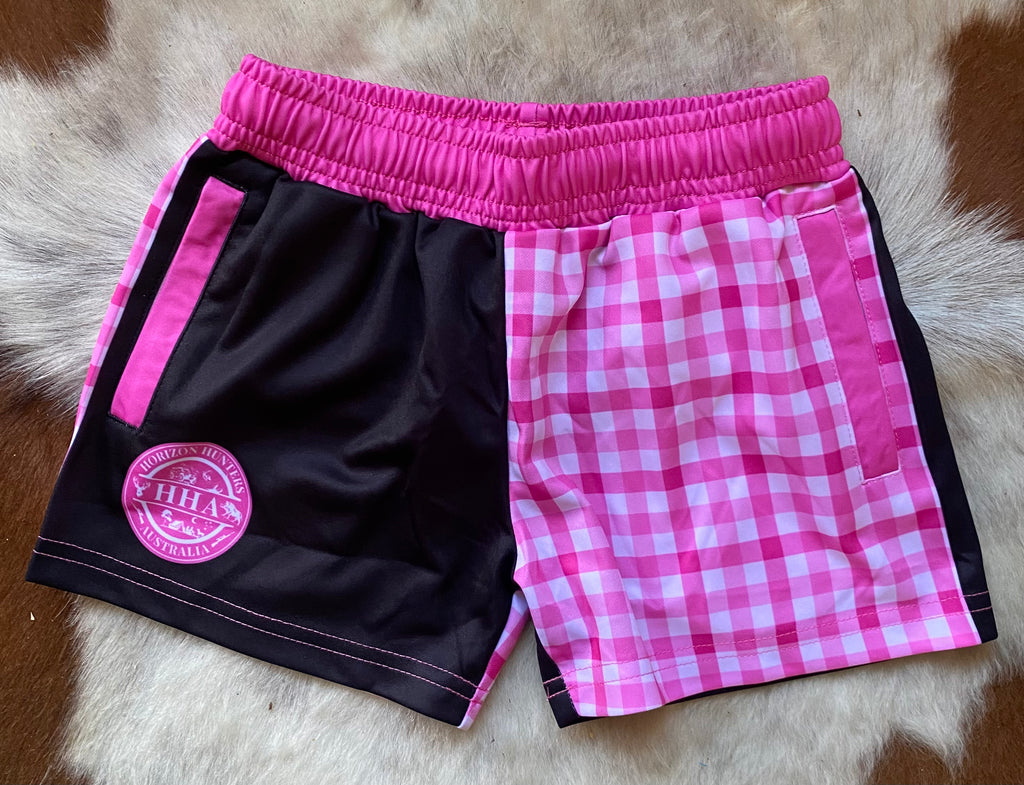 Kids - Footy Shorts - Pink Gingham - Zip Pockets - Wrap around design