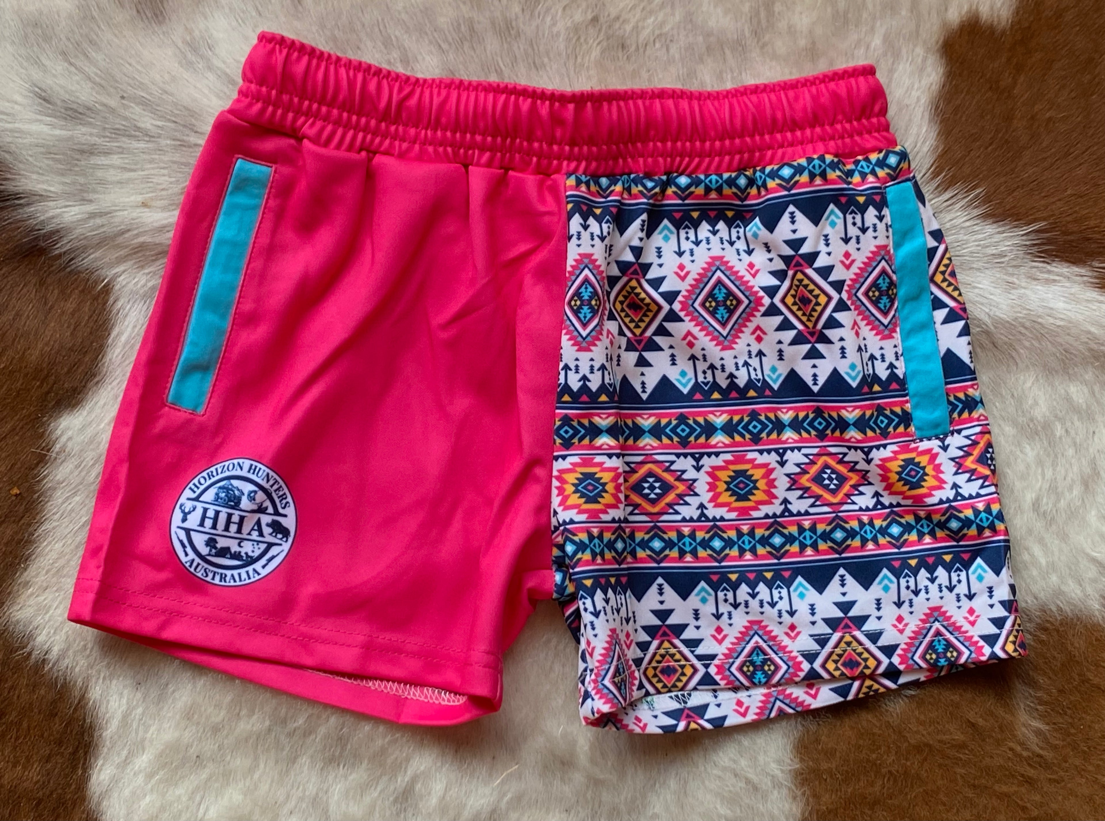 Kids - Footy Shorts - Pink Aztec - Zip Pockets - wrap around design