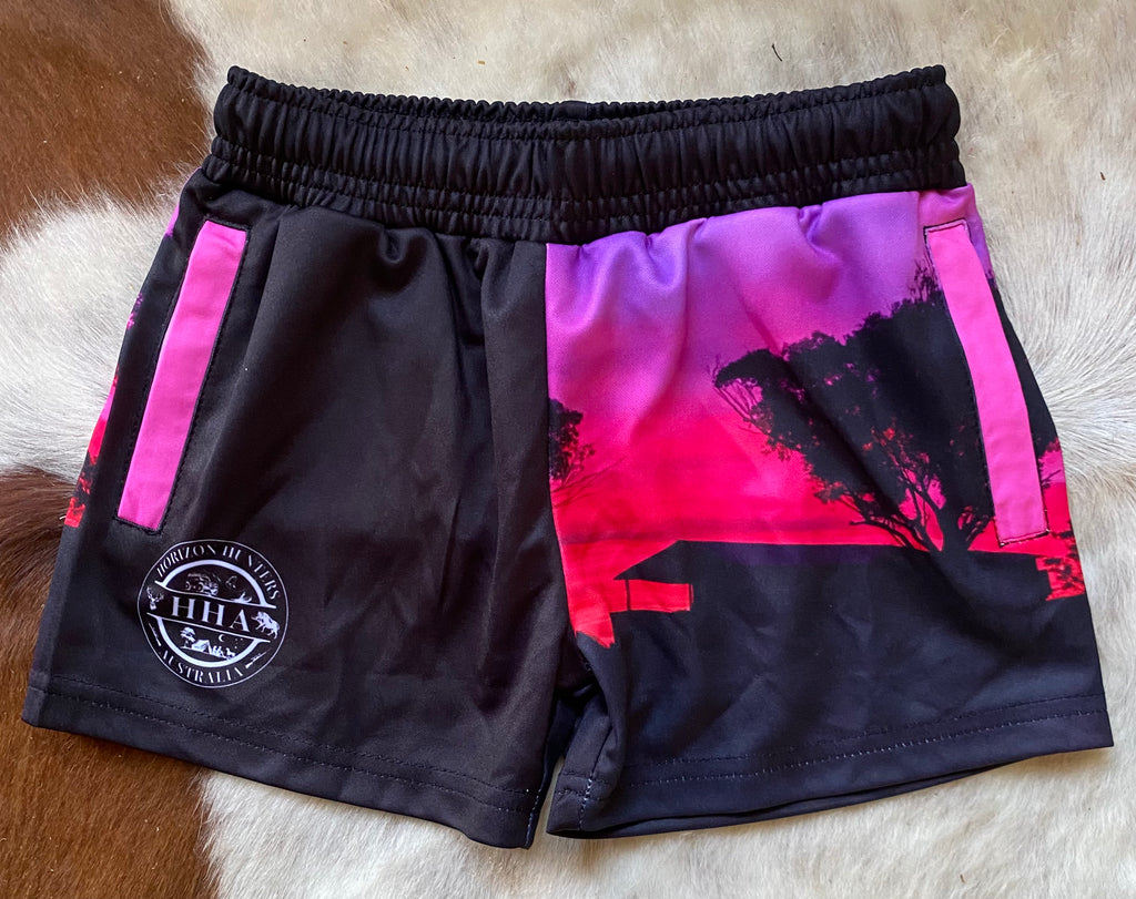 Kids - Footy Shorts - Pink Sunset - Zip Pockets - Wrap around design