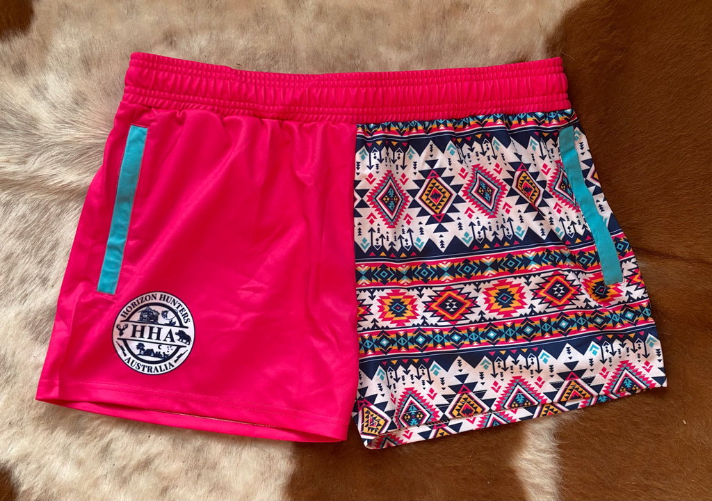 Footy Shorts - Pink Aztec - Zip Pockets - wrap around design