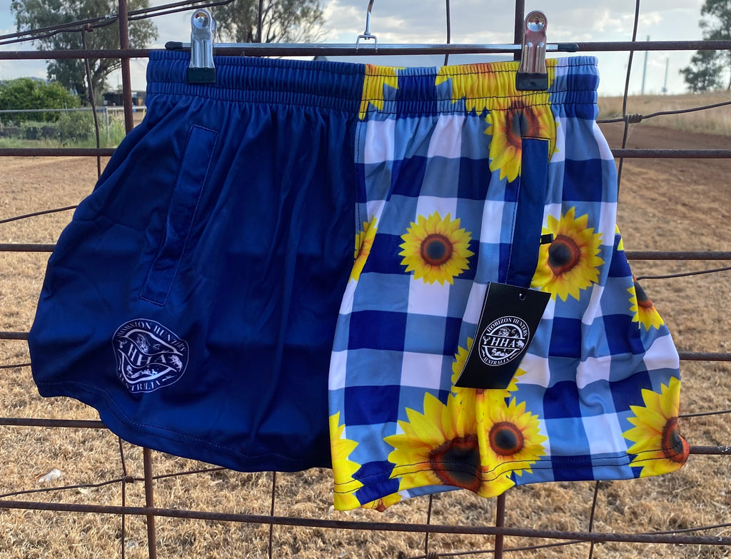 Footy Shorts - Navy & white gingham with sunflowers - Zip pockets