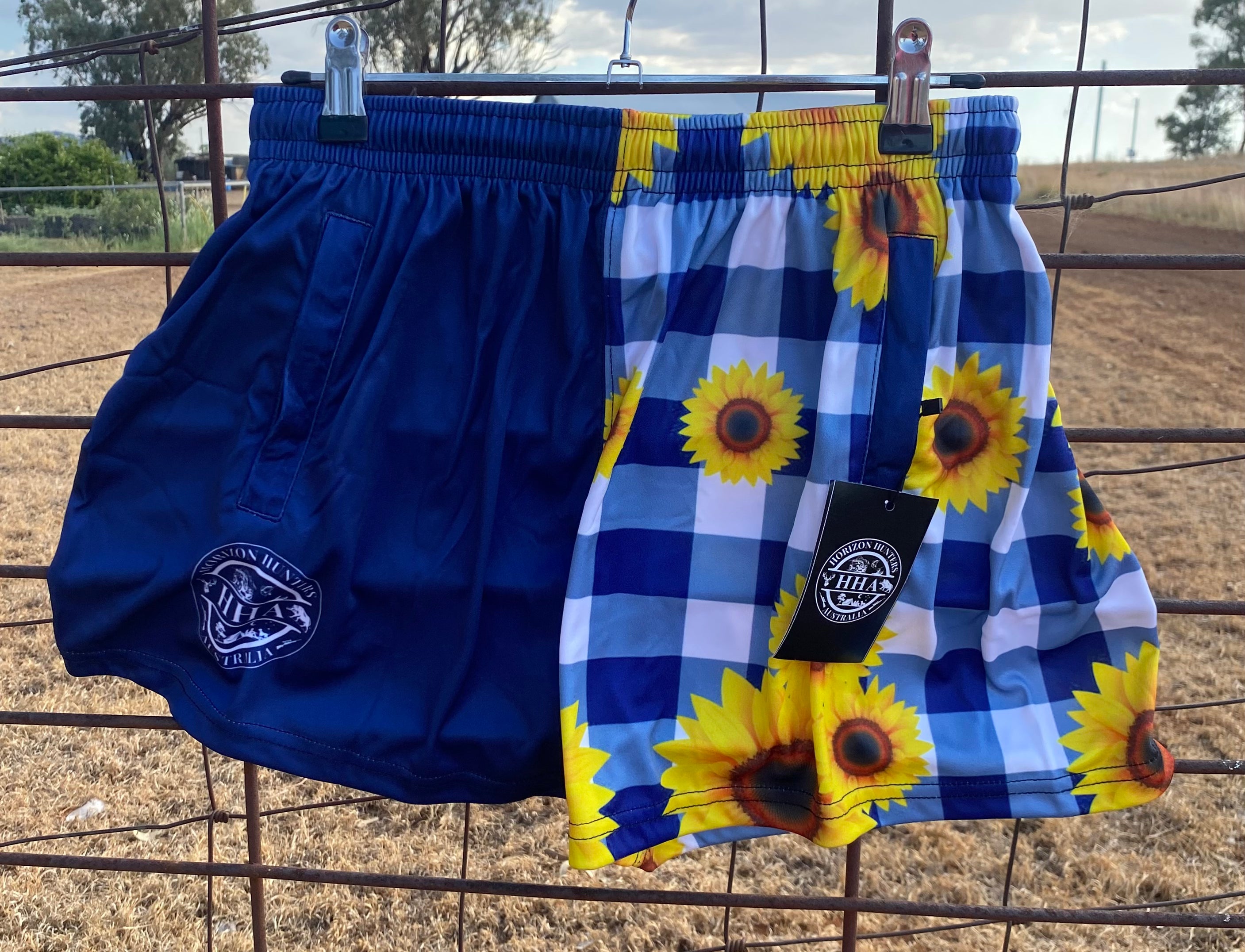 Footy Shorts - Navy & white gingham with sunflowers - Zip pockets