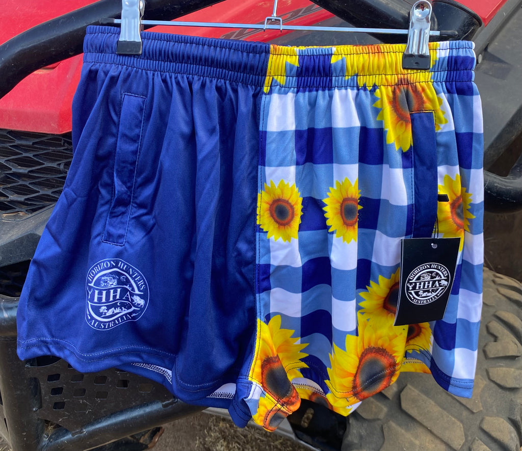 Footy Shorts - Navy & white gingham with sunflowers - Zip pockets