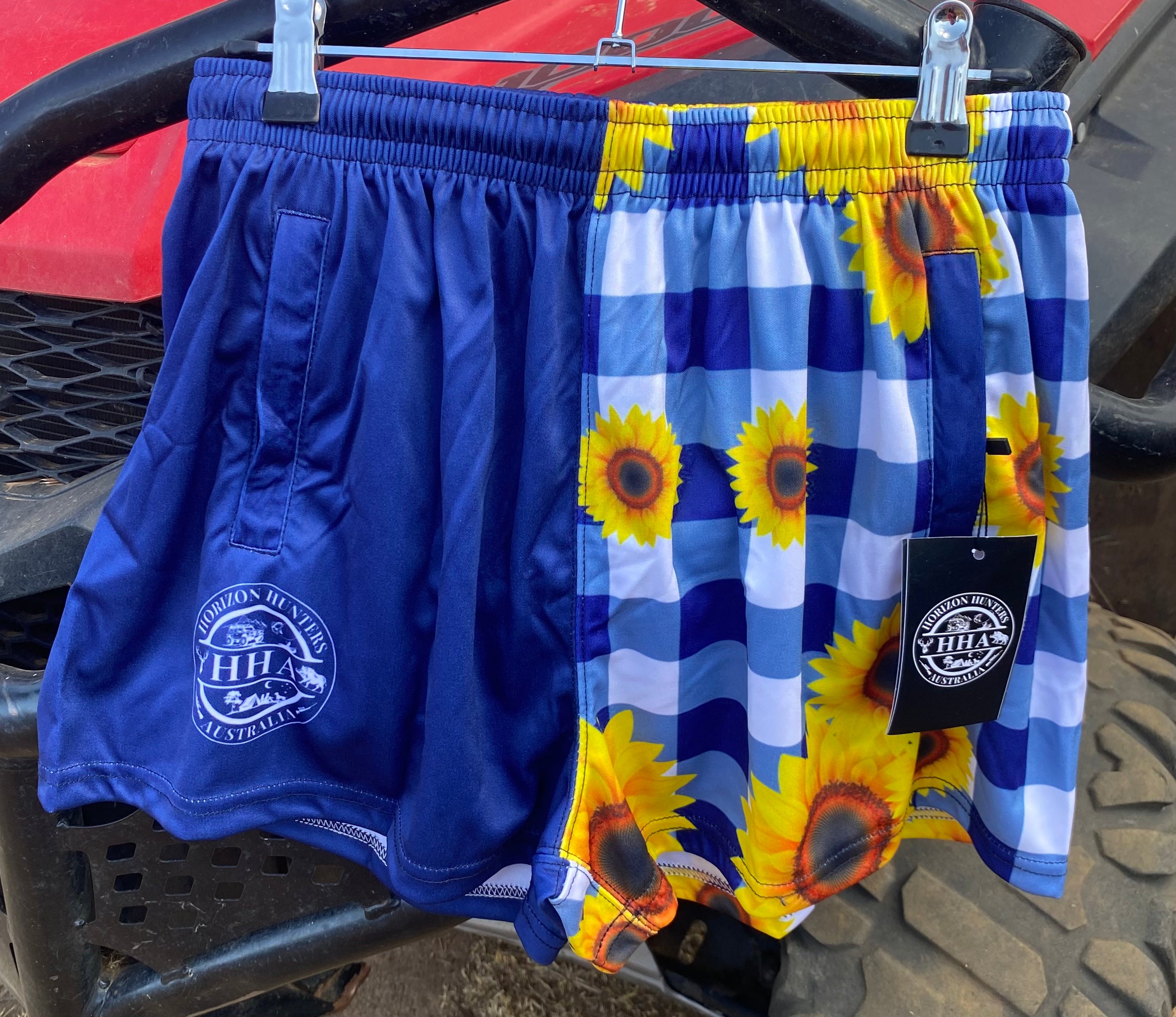 Footy Shorts - Navy & white gingham with sunflowers - Zip pockets