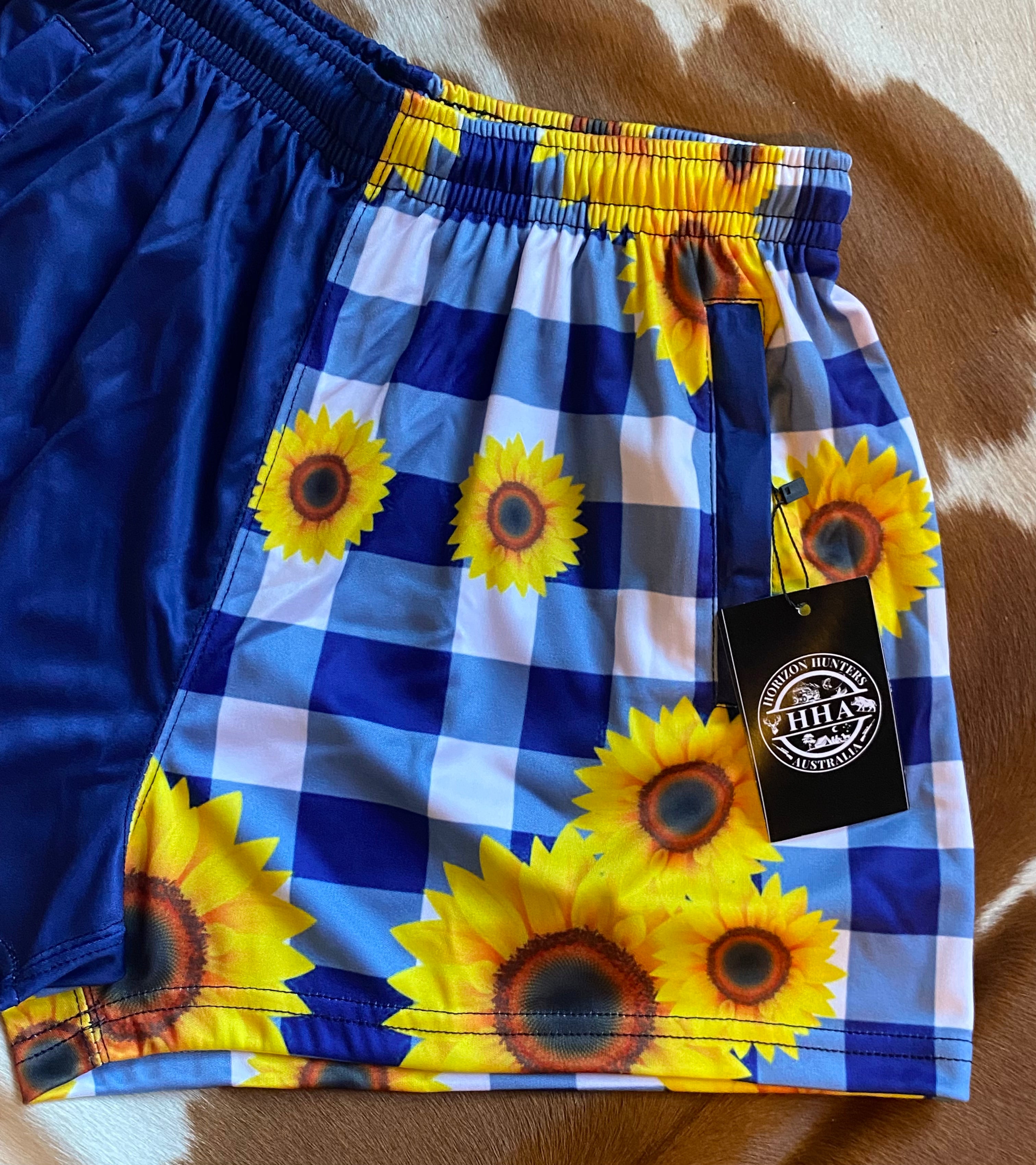 Footy Shorts - Navy & white gingham with sunflowers - Zip pockets