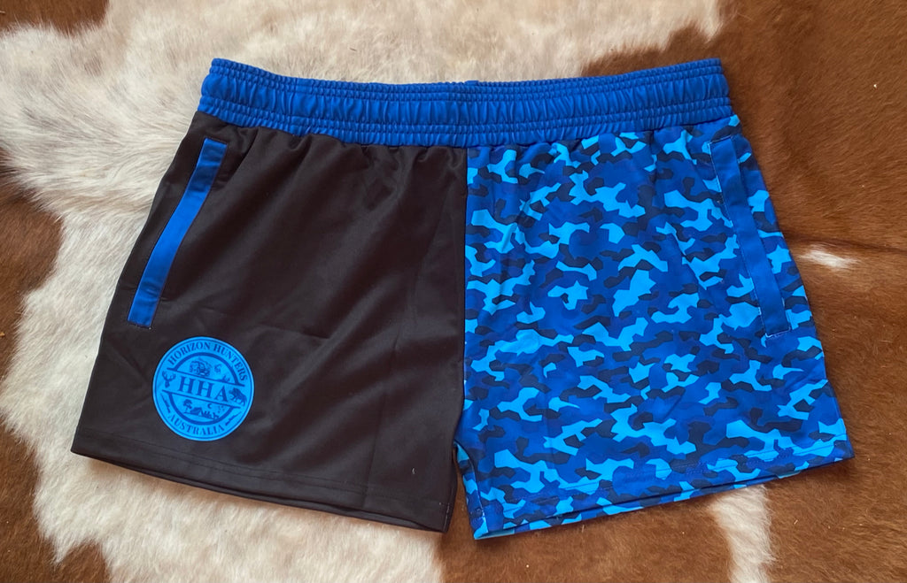 Footy Shorts - Blue Camo - Zip Pockets - Wrap around Design