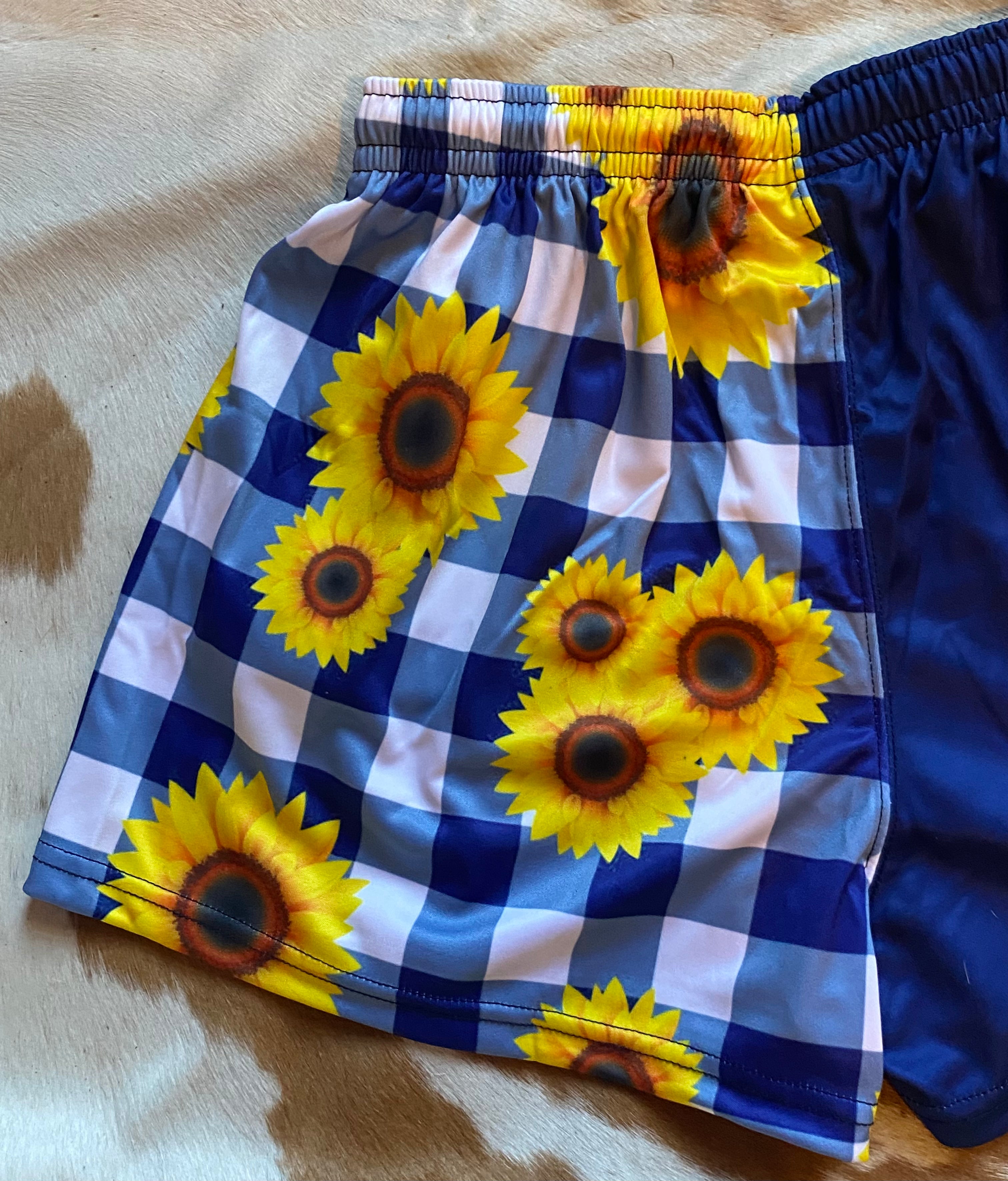 Footy Shorts - Navy & white gingham with sunflowers - Zip pockets