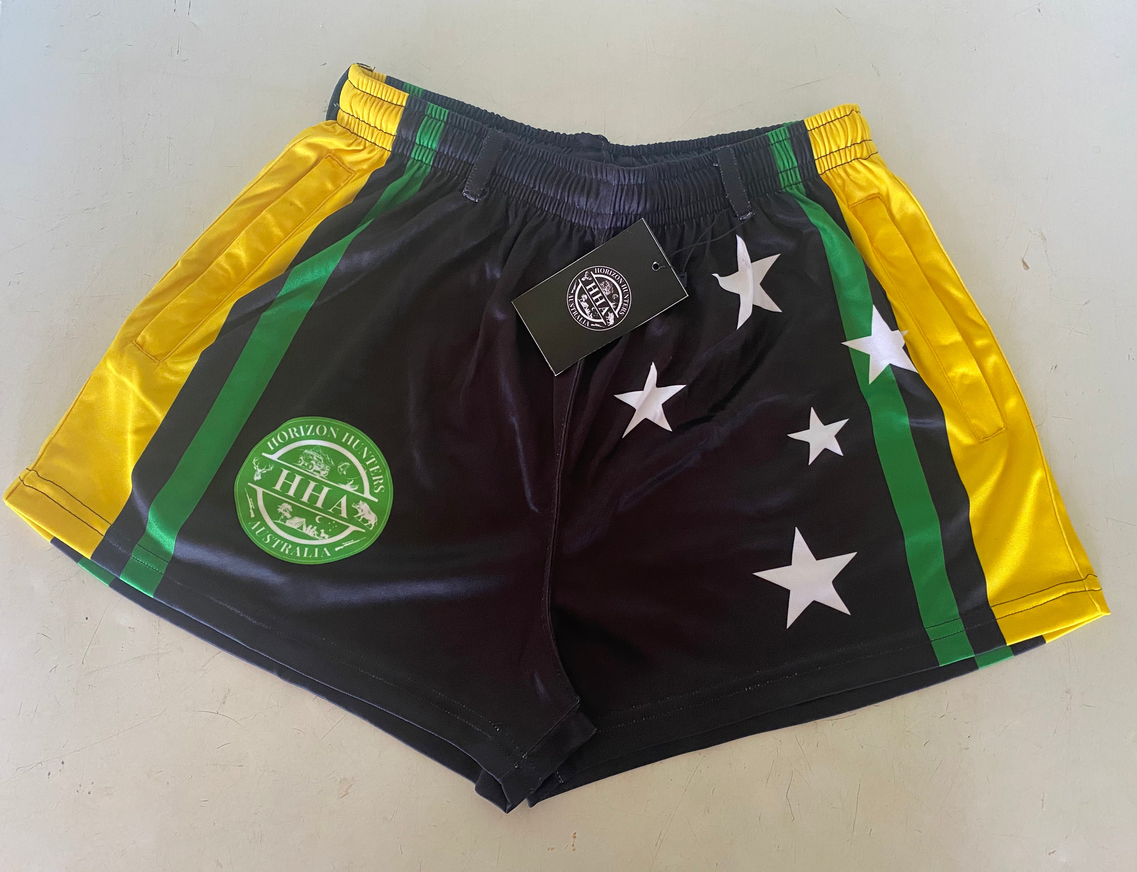 Kids - Footy Shorts - Black, Green & Yellow Stripes - Pockets & belt loops